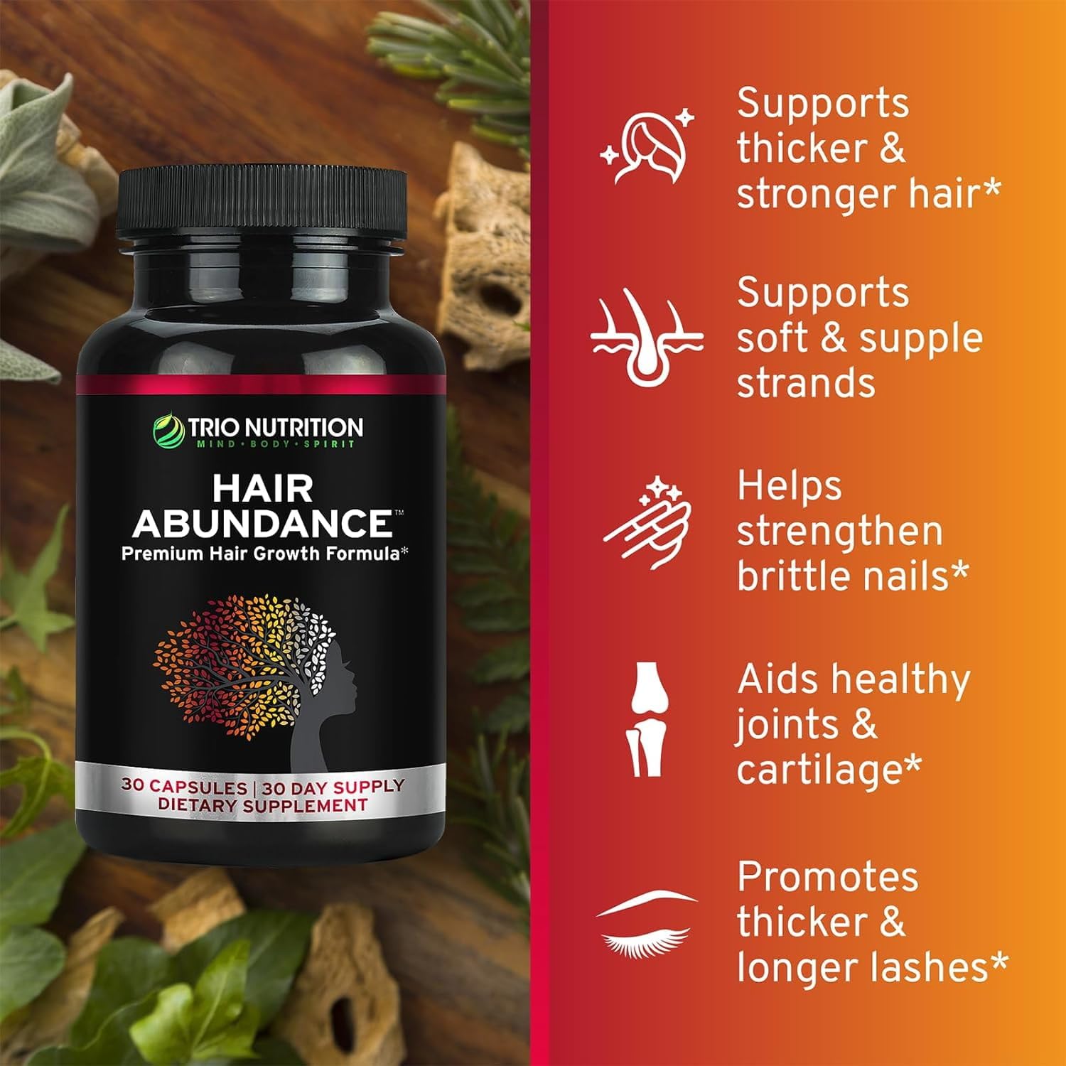 TRIO NUTRITION etiqueta con lista de ingredientes y beneficios