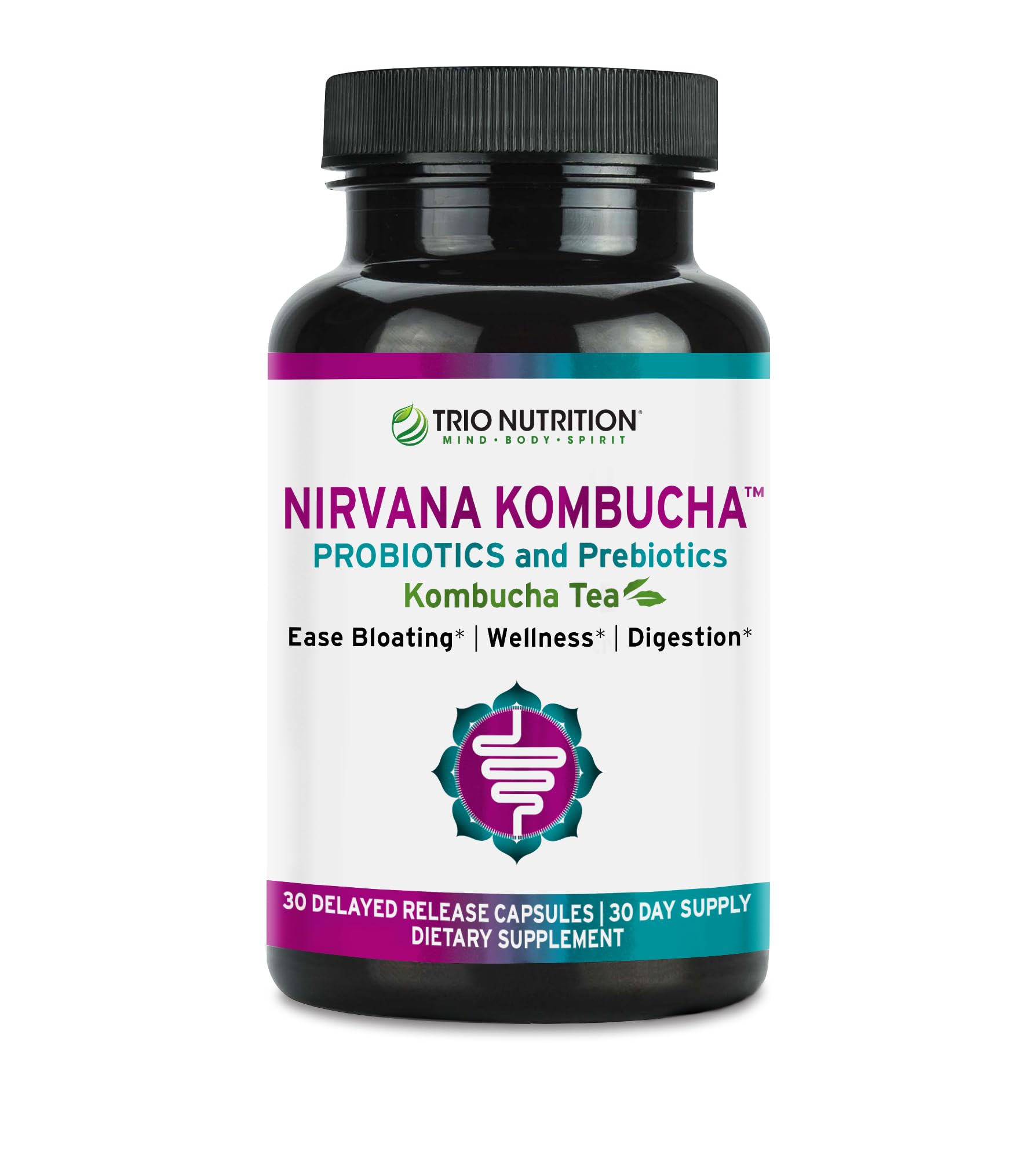 TRIO NUTRITION frasco Nirvana Kombucha cápsulas frente y etiqueta clara