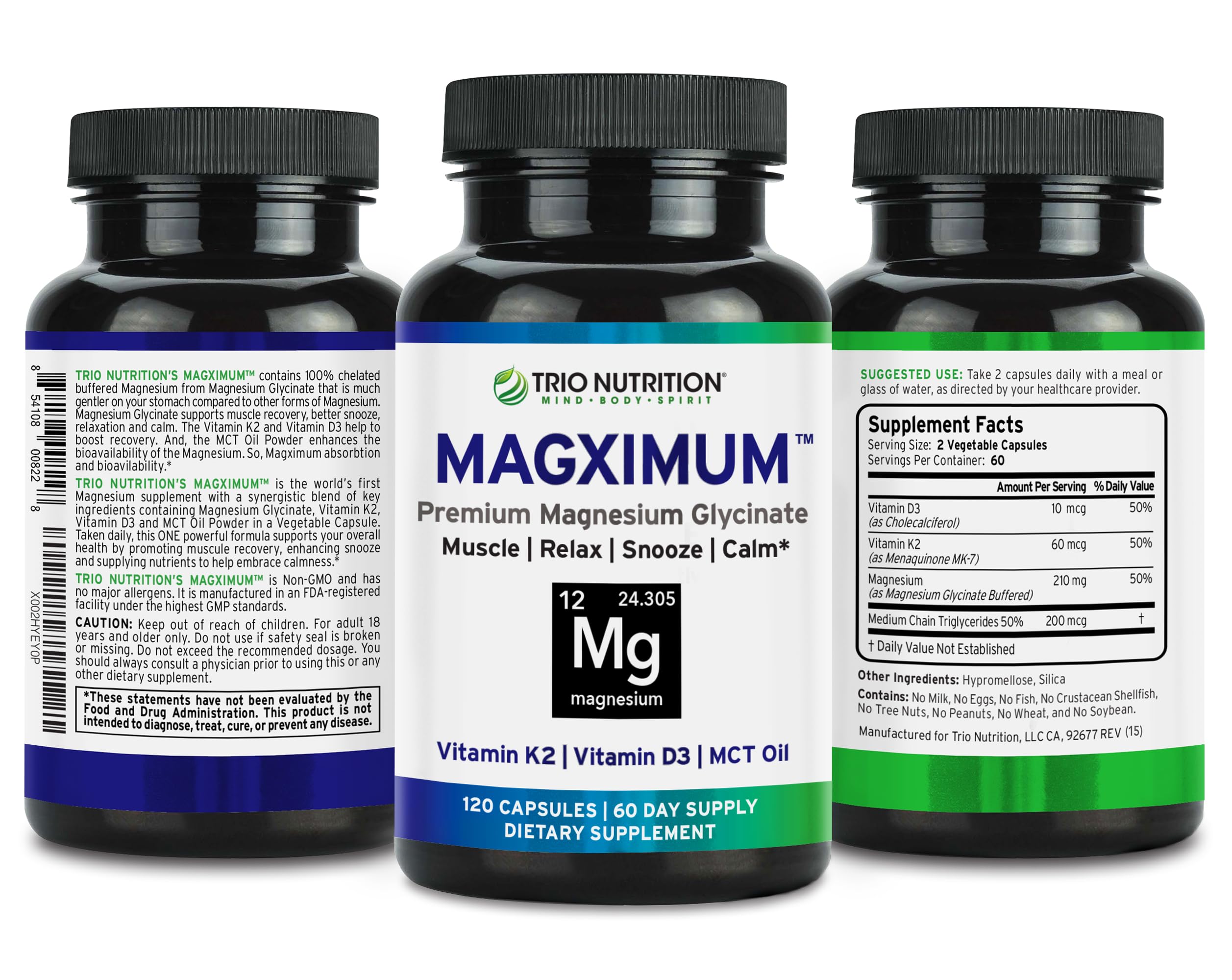 TRIO NUTRITION etiqueta de ingredientes destacando D3, K2 MK‑7 y MCT