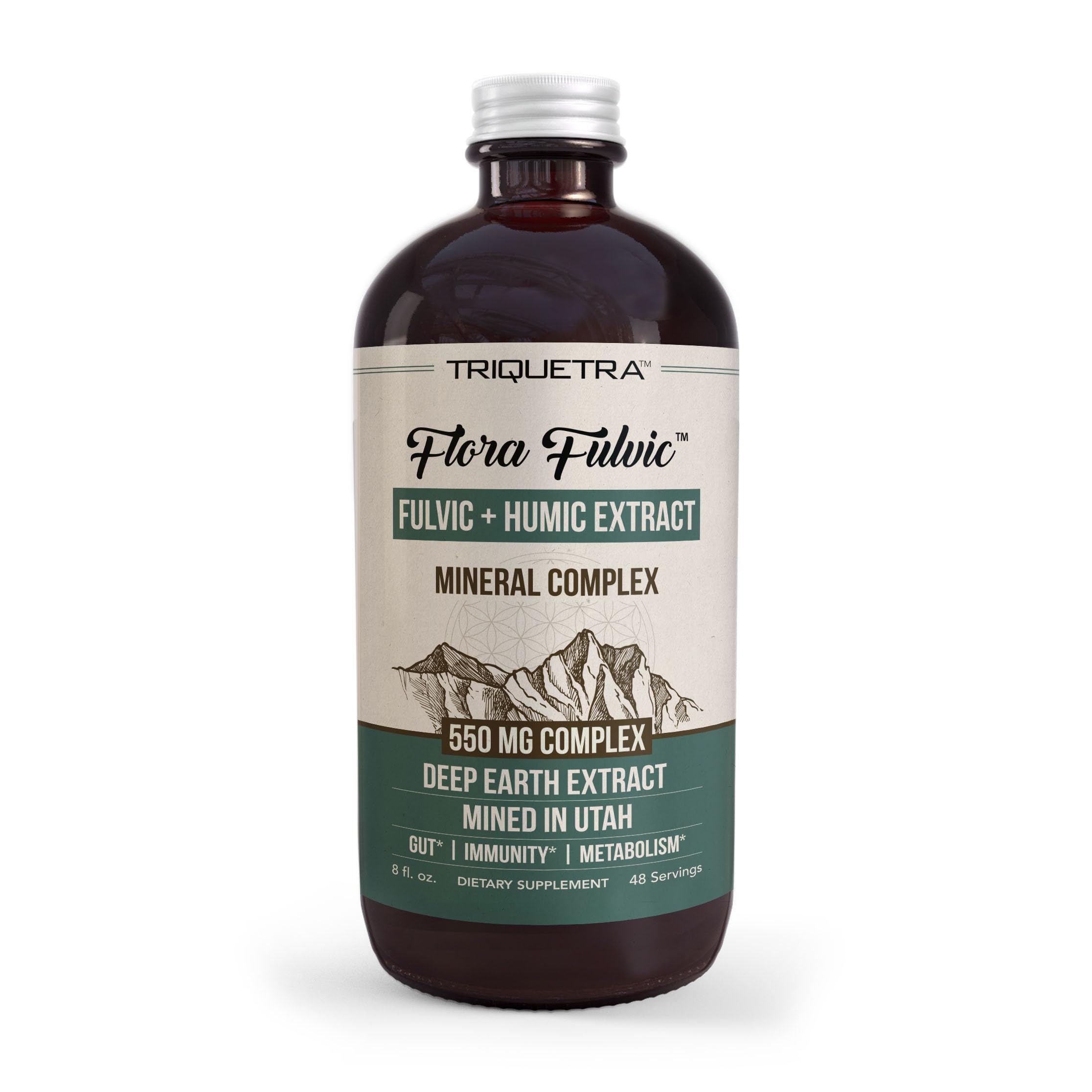 Triquetra Health botella Flora Fulvic frente muestra etiqueta clara y beneficios