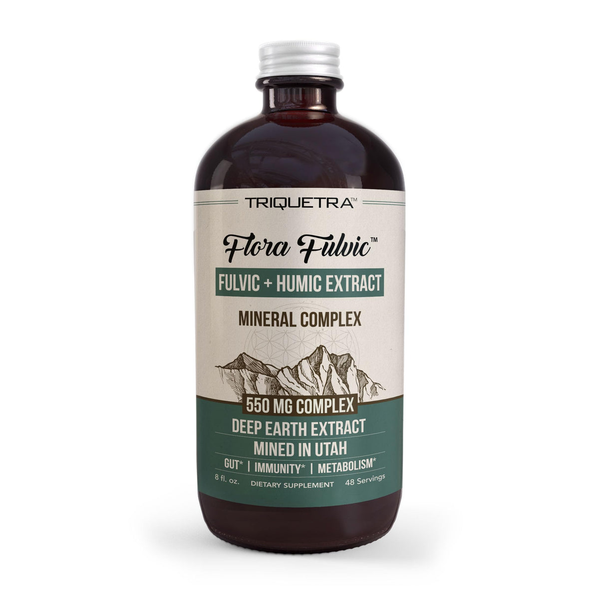 Triquetra Health botella Flora Fulvic frente muestra etiqueta clara y beneficios