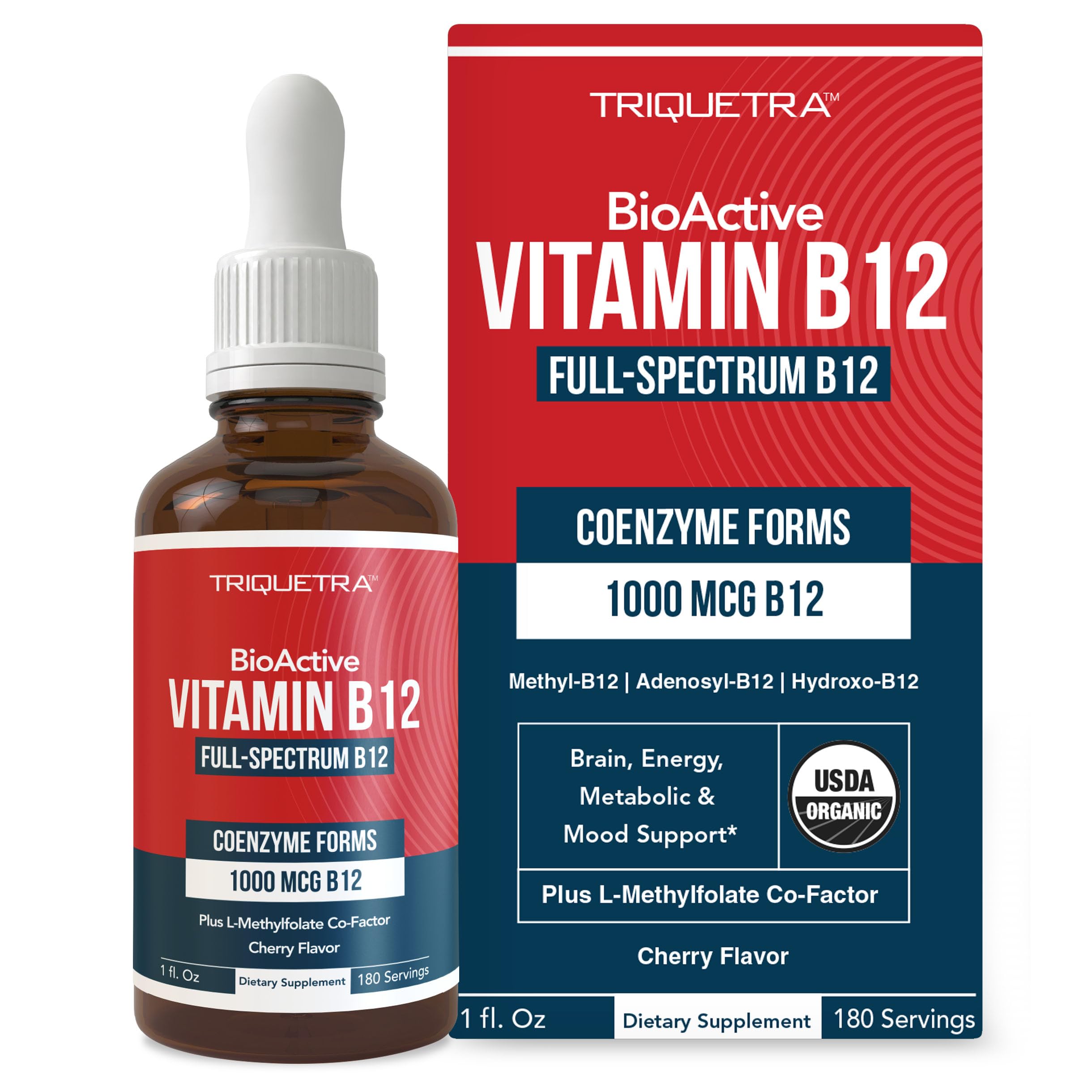 Triquetra Health botella frontal del suplemento B12 muestra etiqueta clara