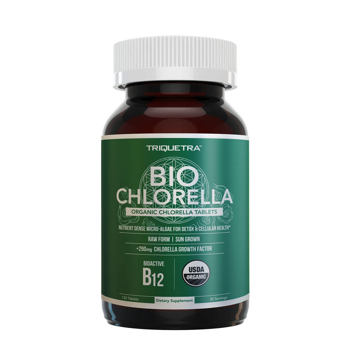 Triquetra Health botella frontal mostrando tabletas y sello orgánico