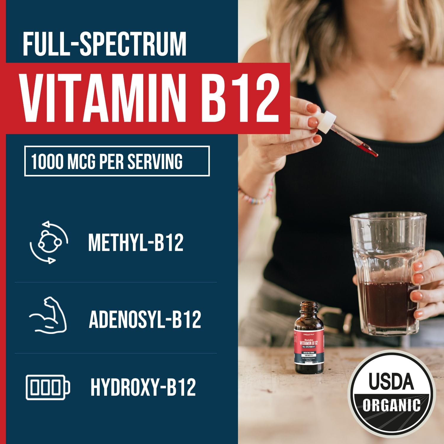 Triquetra Health primer plano de etiqueta destacando formas de B12