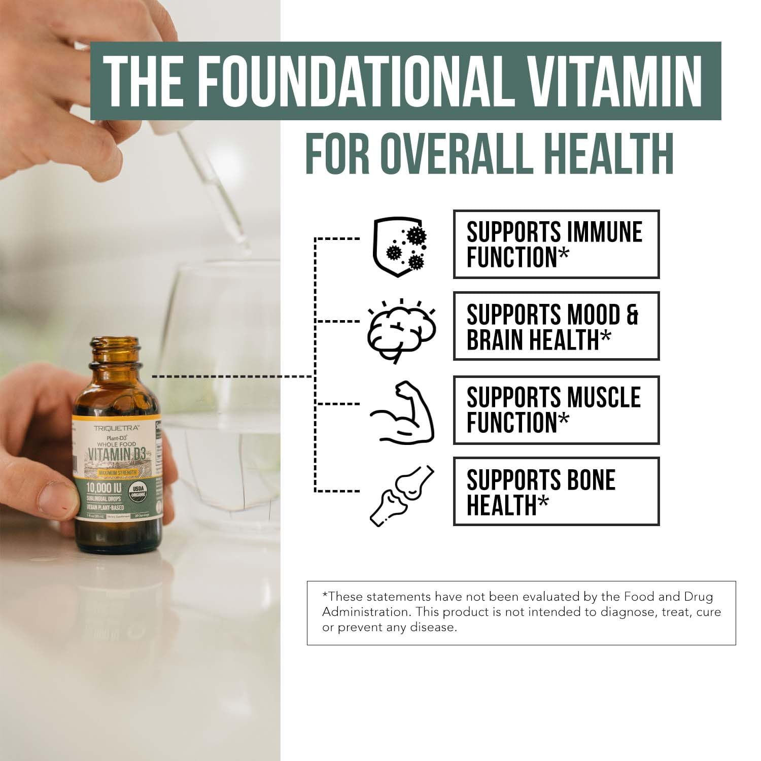 Triquetra Health etiqueta con sellos USDA Organic y pruebas de terceros
