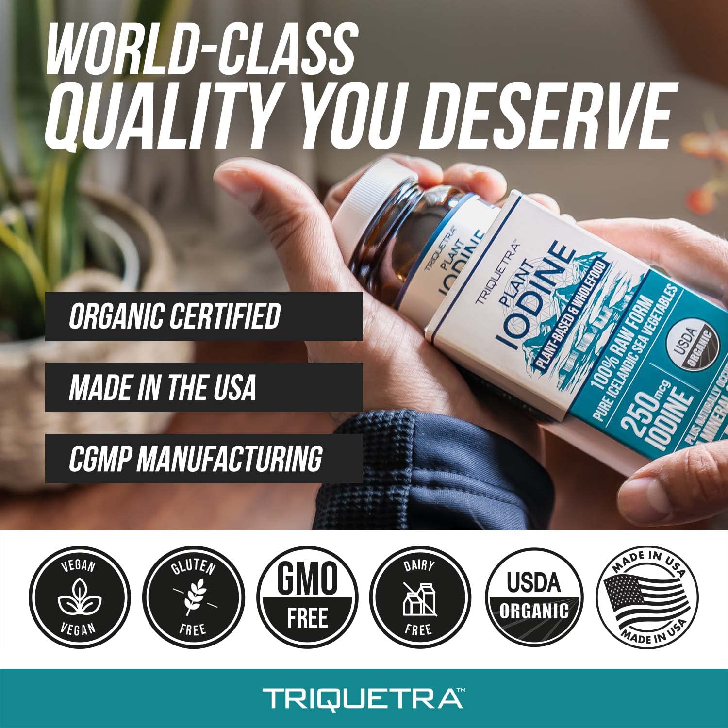 Triquetra Health botella y caja en superficie enfatizando presentación segura