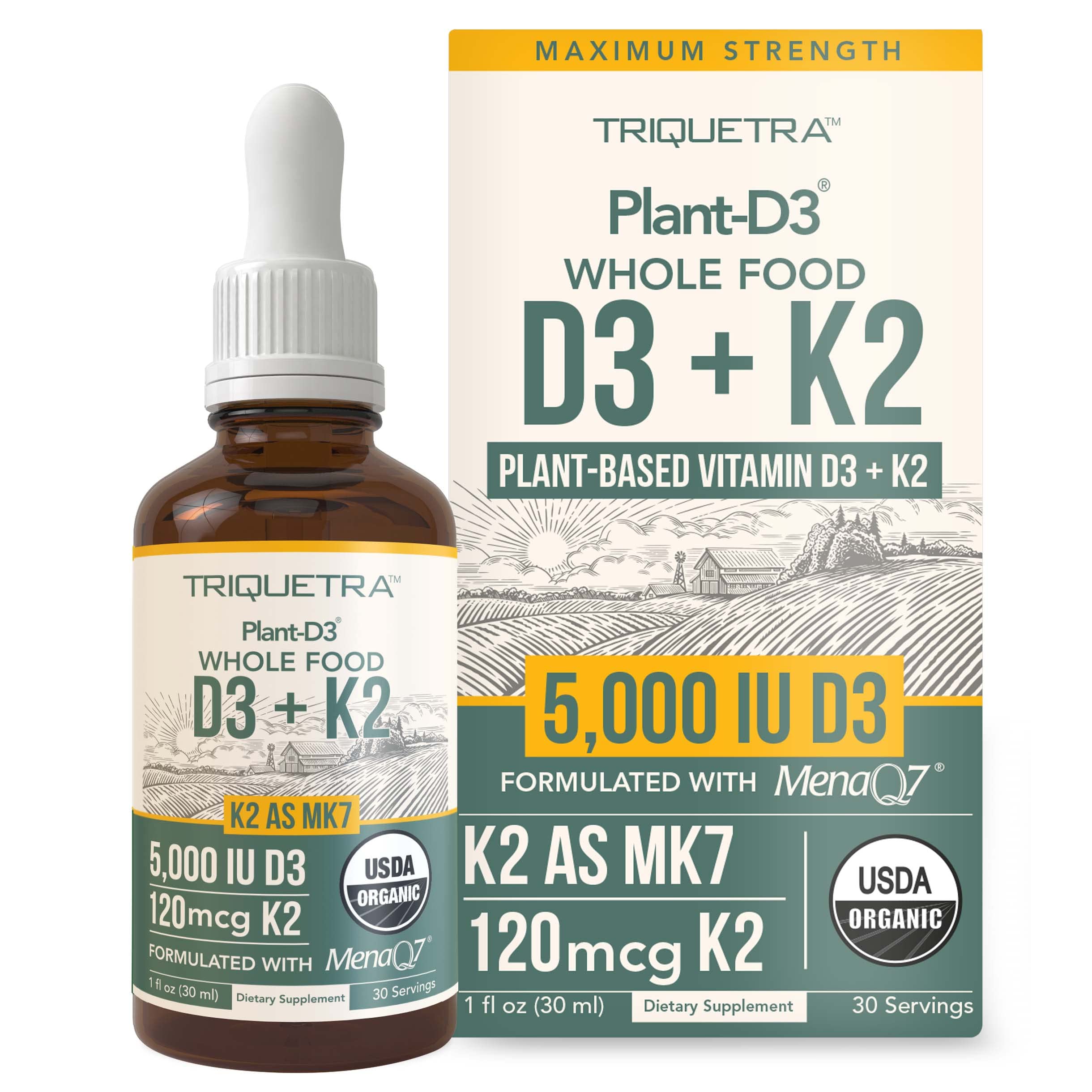 Triquetra Health frasco frontal de Plant D3 + K2, presentación orgánica y vegana