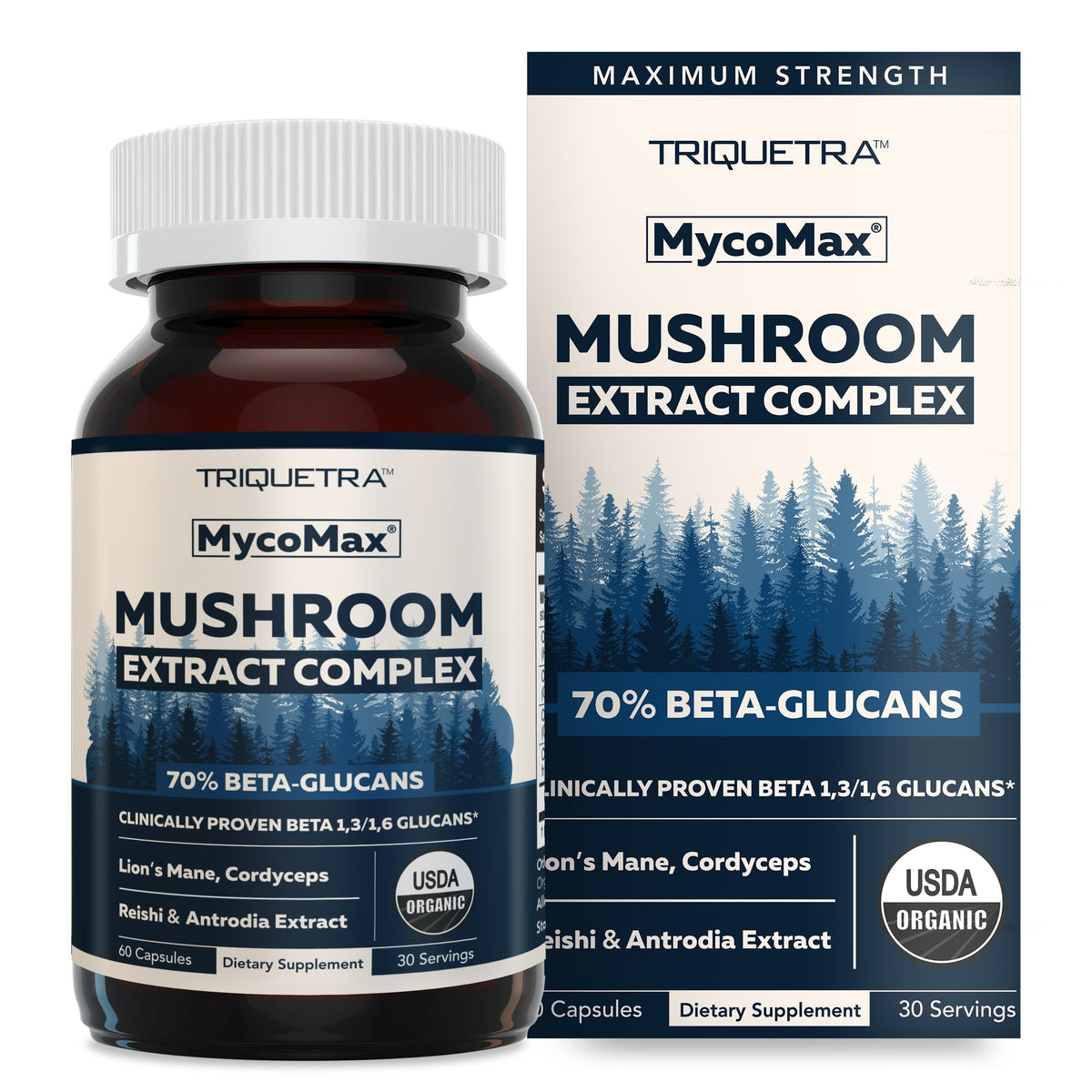 Triquetra Health frasco MycoMax frente mostrando etiqueta y concentración 70% beneficios