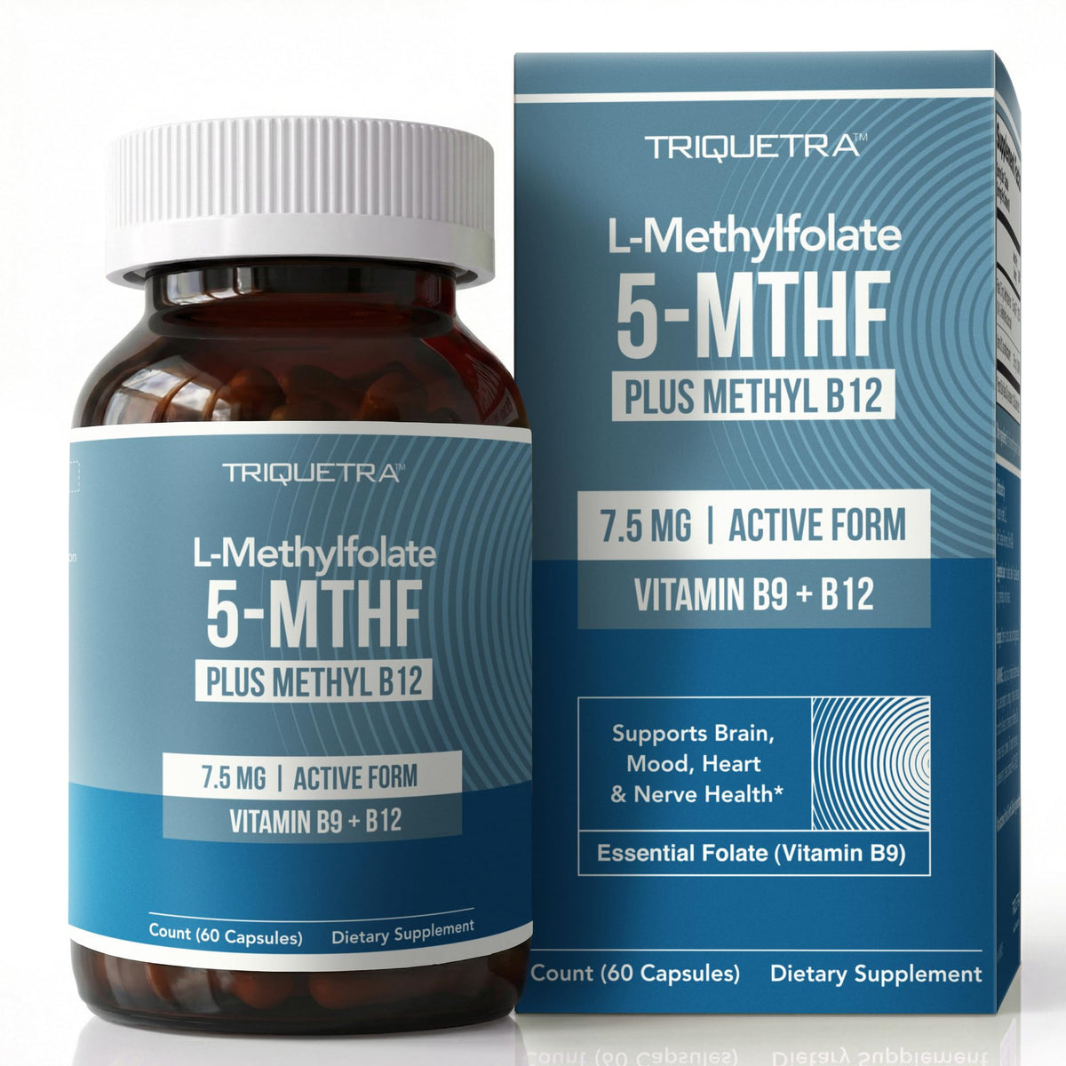 Triquetra Health frente del envase mostrando 5‑MTHF y metil B12, claridad de ingredientes