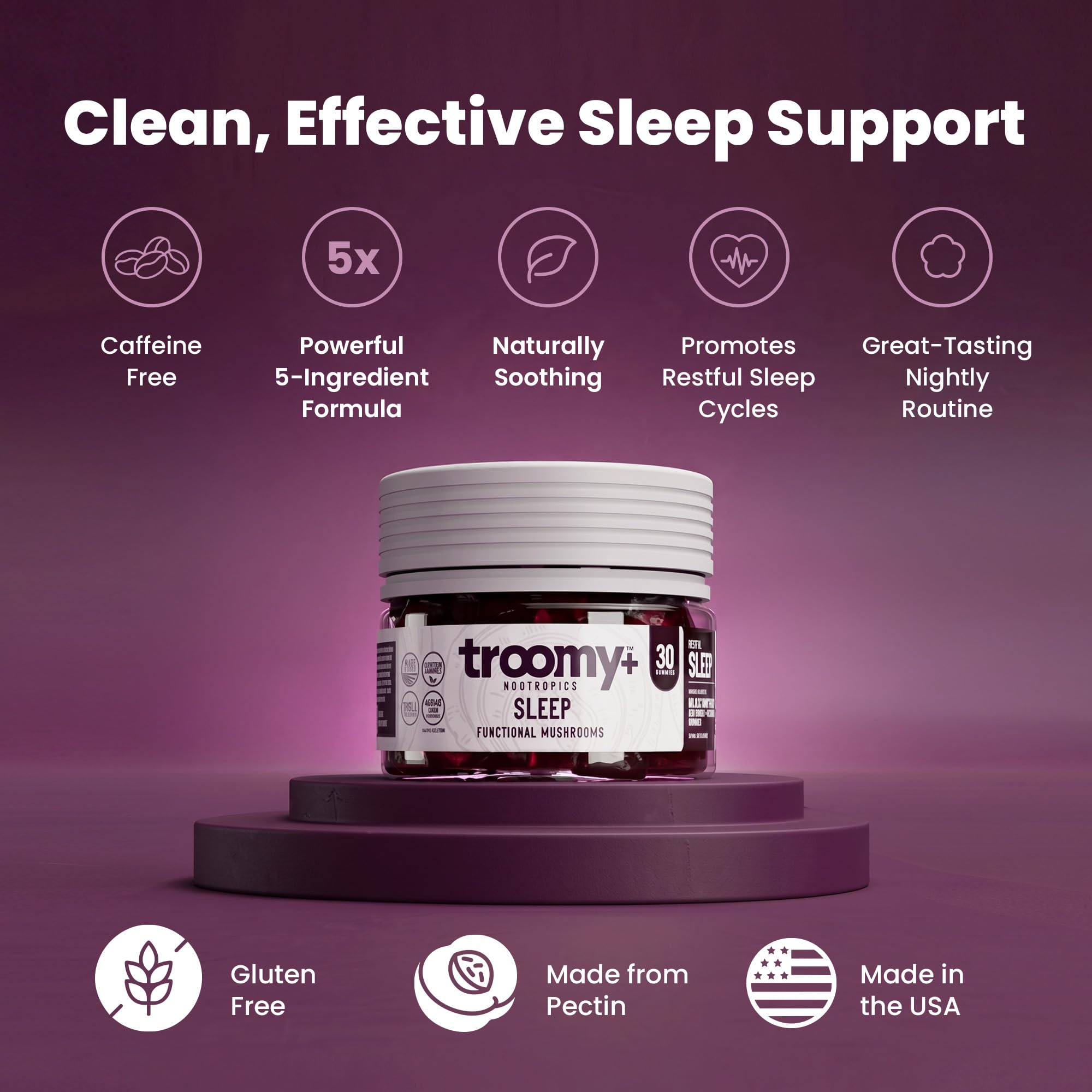 Troomy Nootropics primer plano de la textura de la gomita, apariencia apetecible