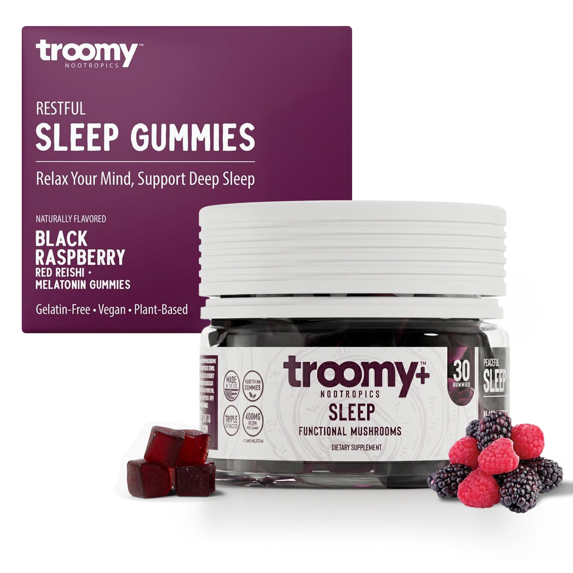 Troomy Nootropics frasco frente mostrando la etiqueta y beneficio práctico