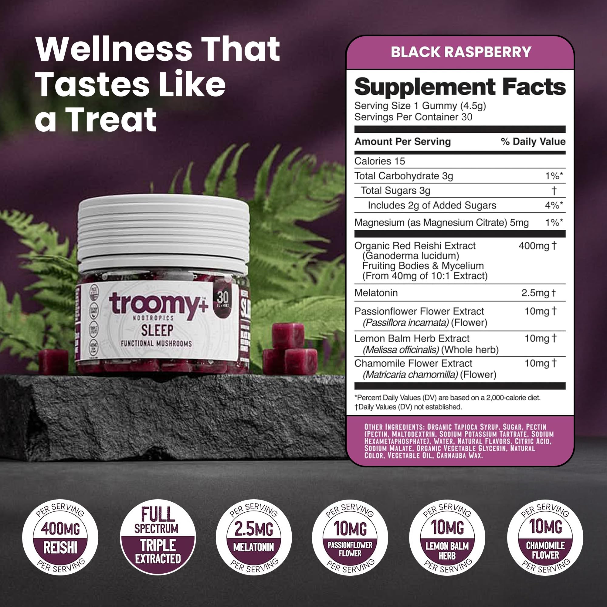Troomy Nootropics presentación de reishi y melatonina como ingredientes clave