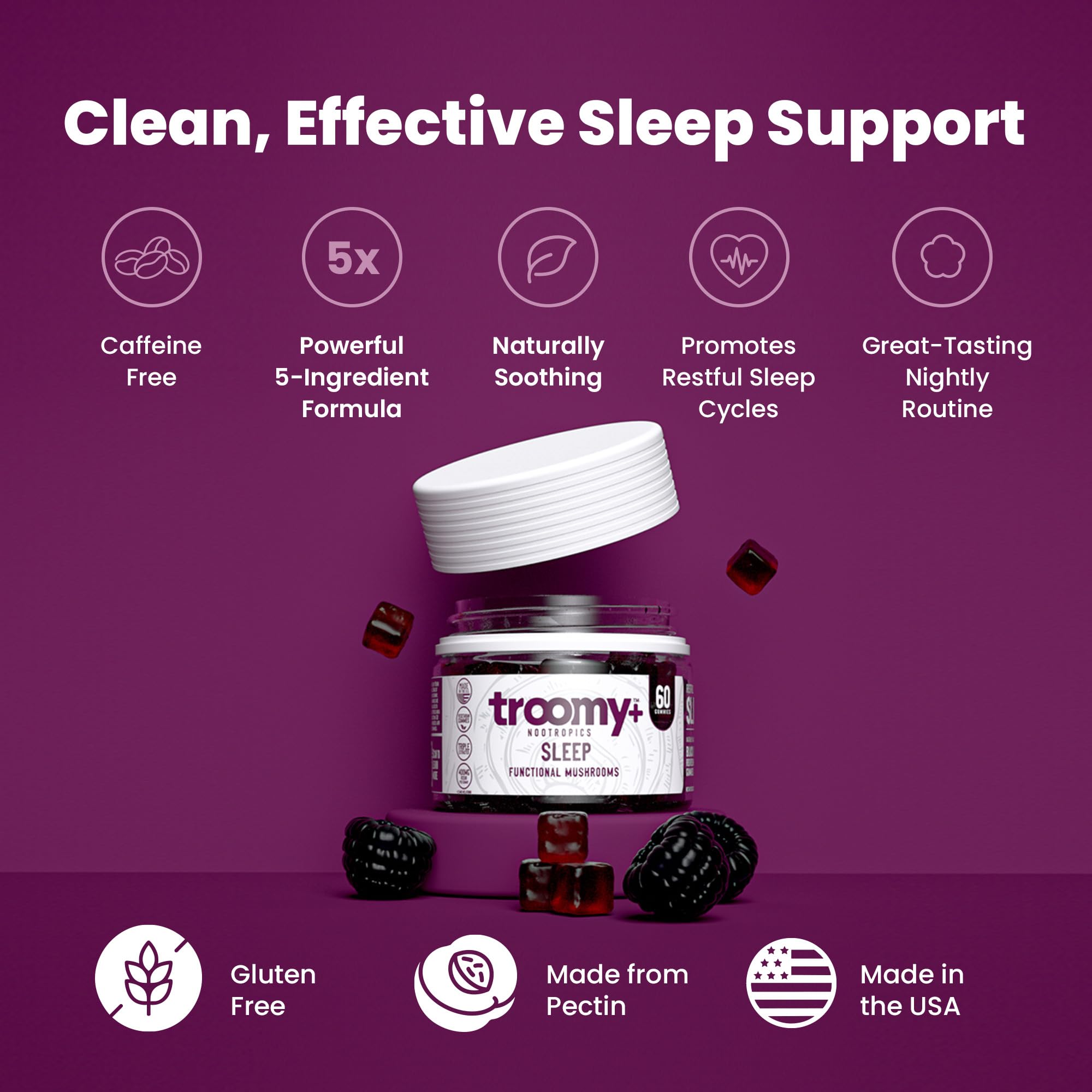 Troomy Nootropics primer plano de textura de la gomita para apetito y facilidad de masticar