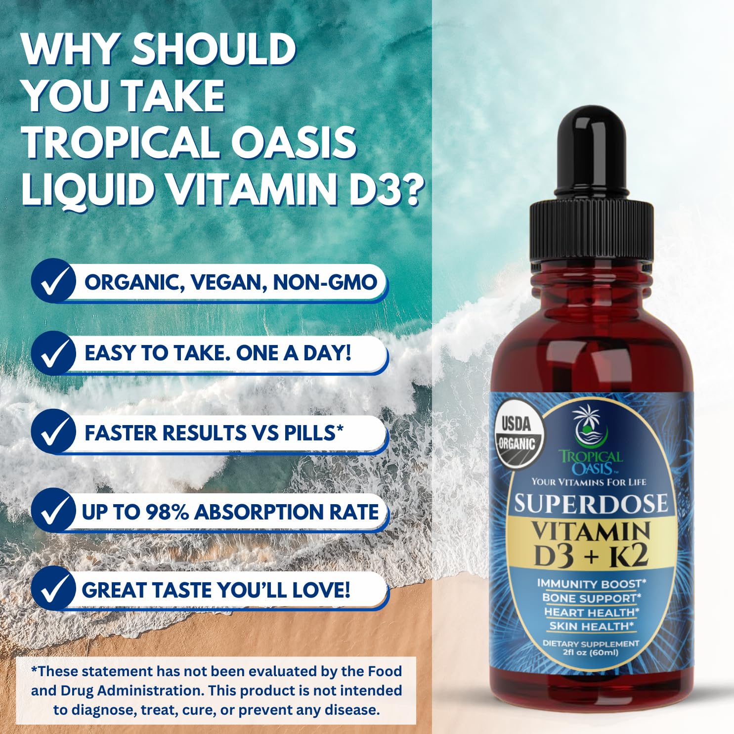 Tropical Oasis gotas vertidas en vaso con bebida para uso diario