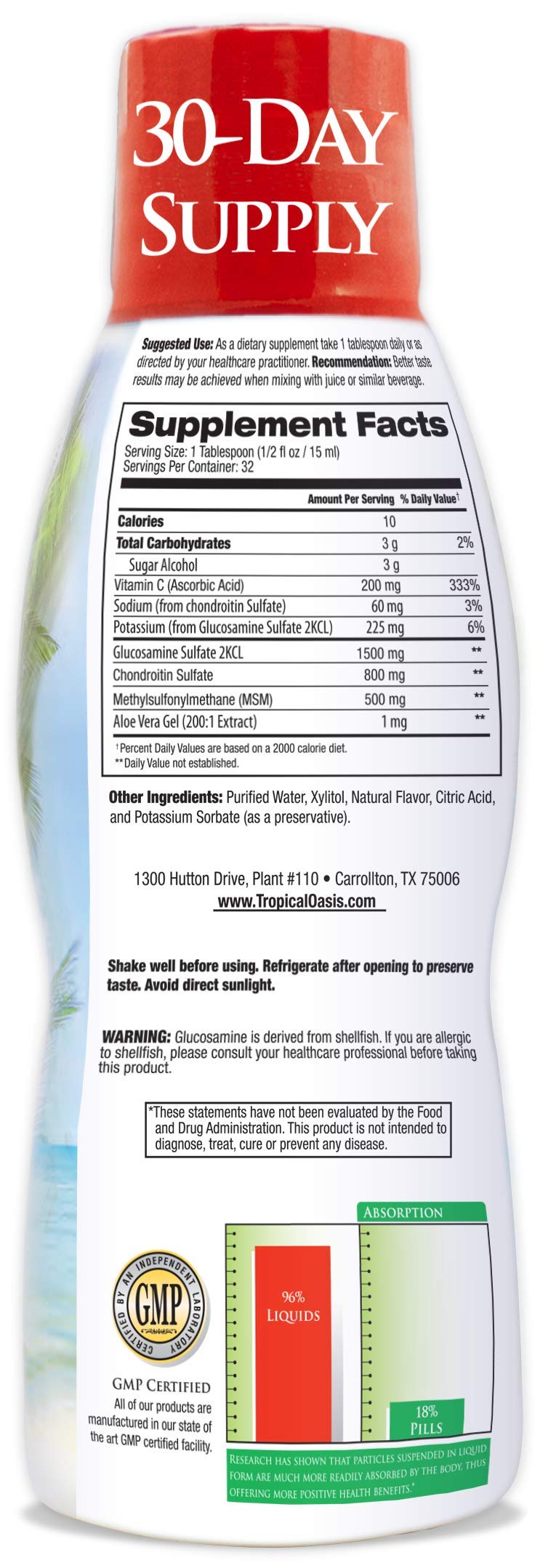 Tropical Oasis etiqueta en primer plano con ingredientes clave visibles