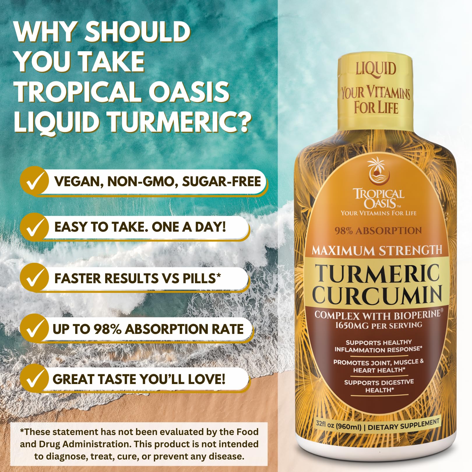 Tropical Oasis etiqueta con ingredientes resaltados Bioperine y vitamina C visibles