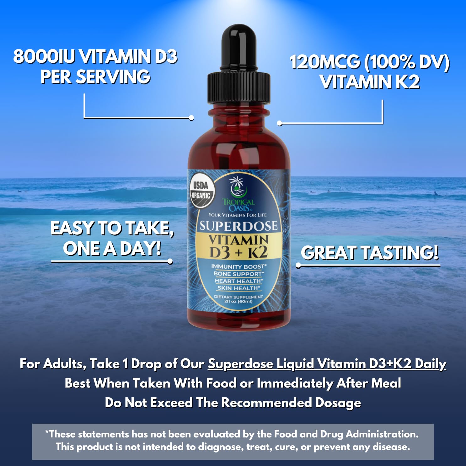Tropical Oasis etiqueta nutricional legible con D3 8000 IU y K2 120 mcg