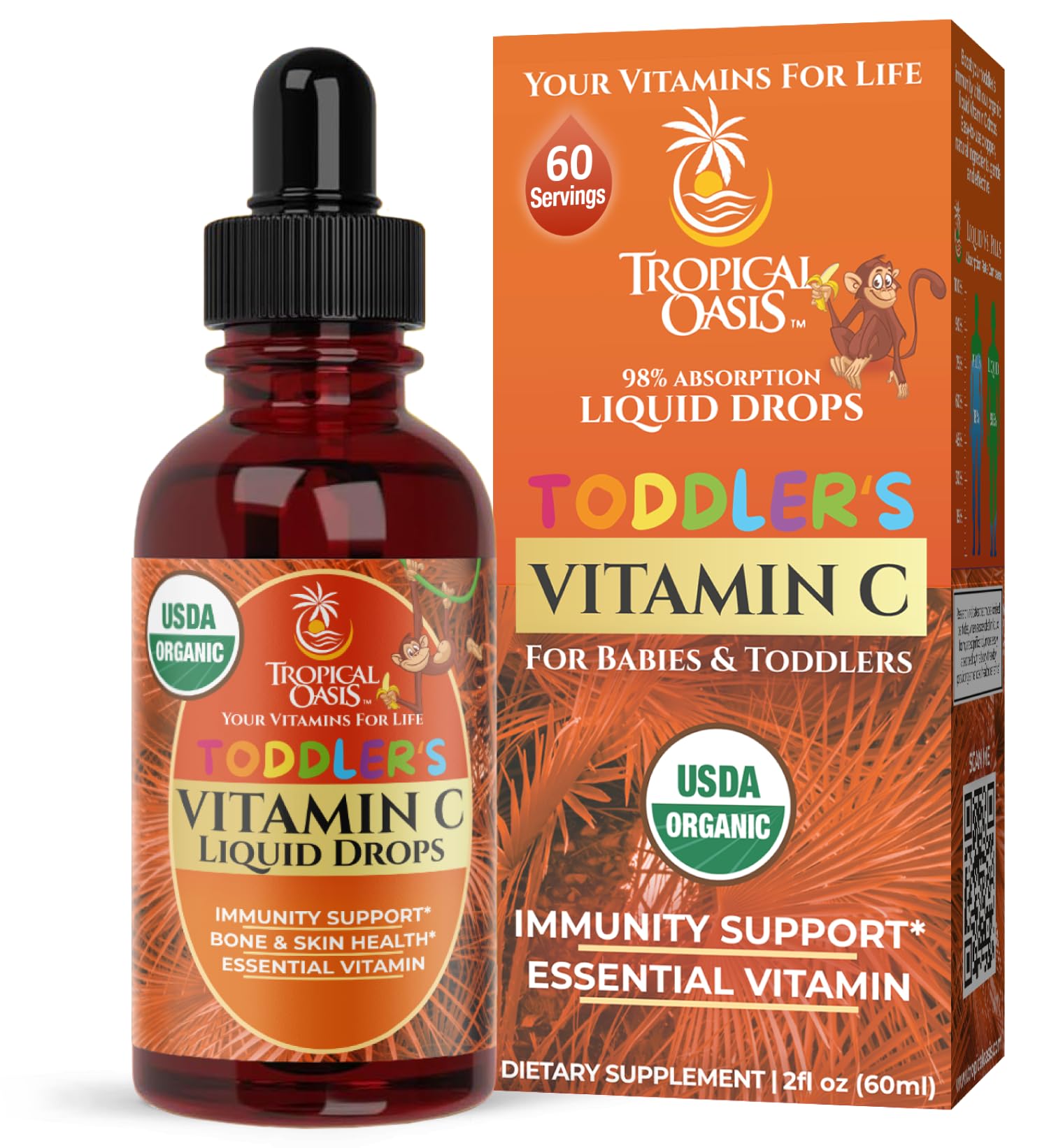 Tropical Oasis frasco frontal mostrando etiqueta orgánica y beneficios