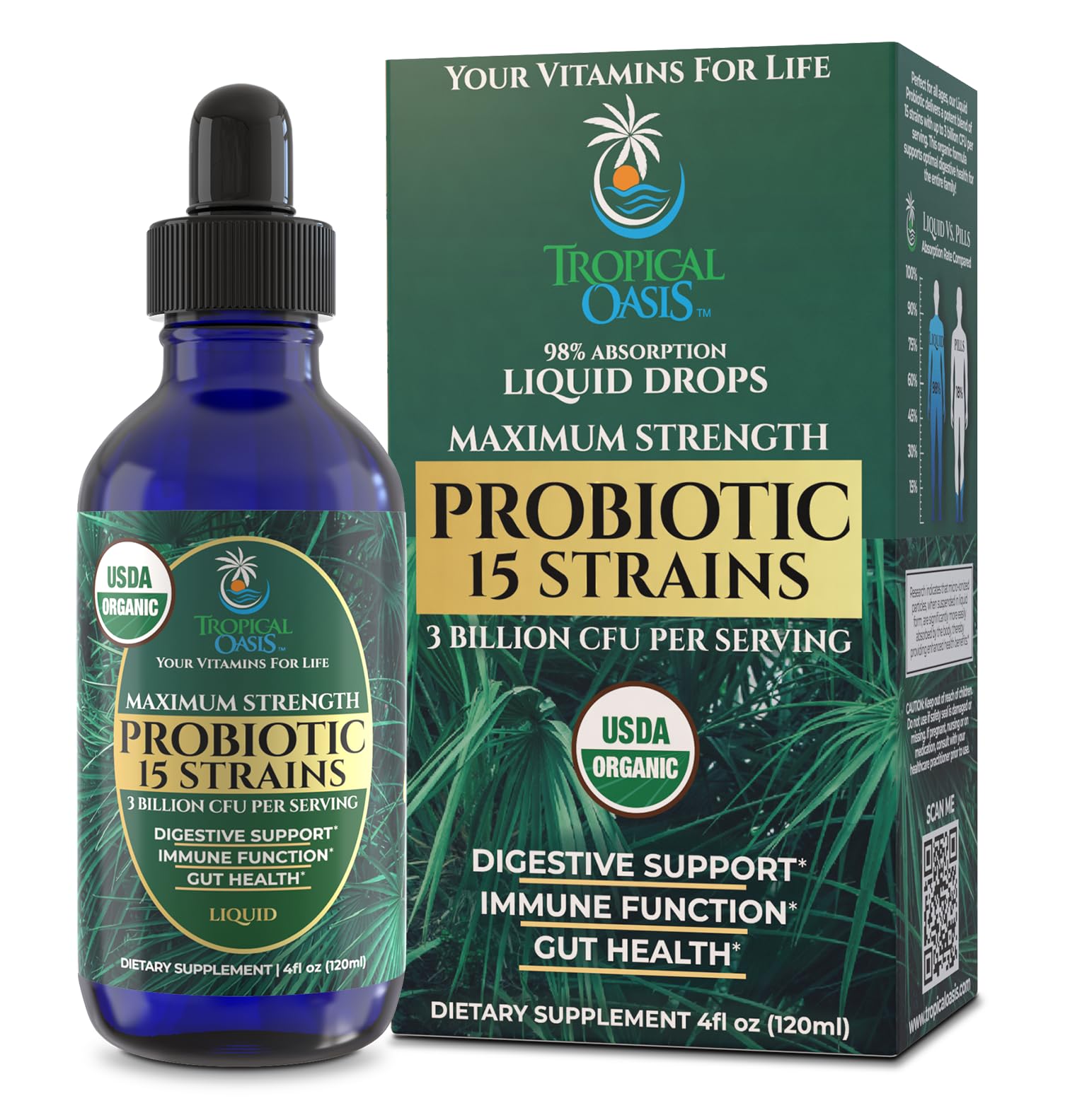 Tropical Oasis frente del empaque mostrando certificación USDA Organic y beneficio de confianza