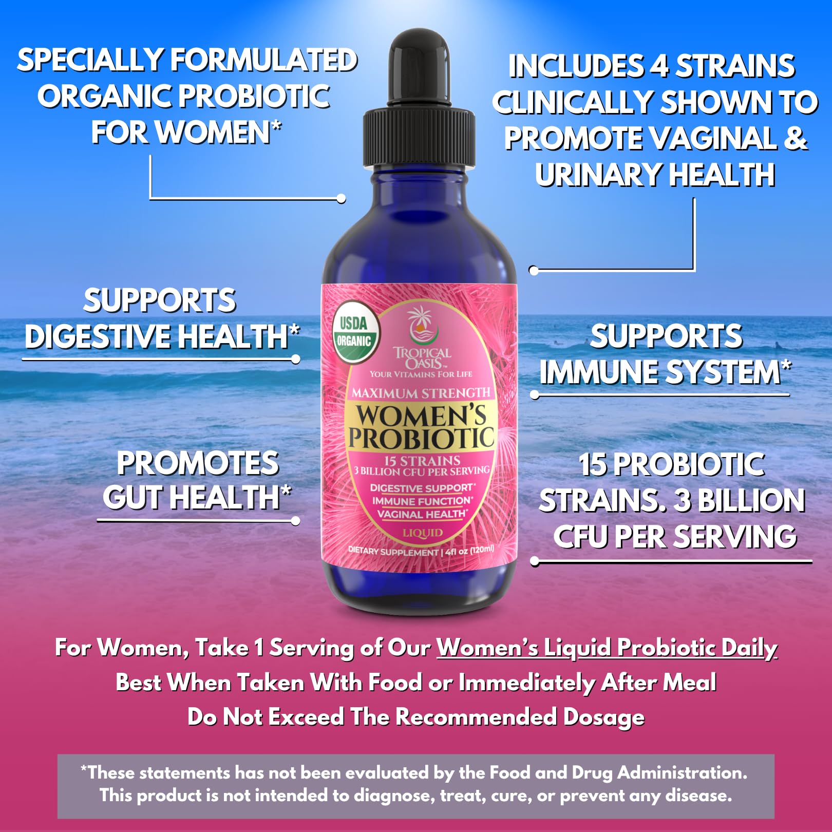 Tropical Oasis lista de cepas en etiqueta que apoya salud vaginal y digestiva