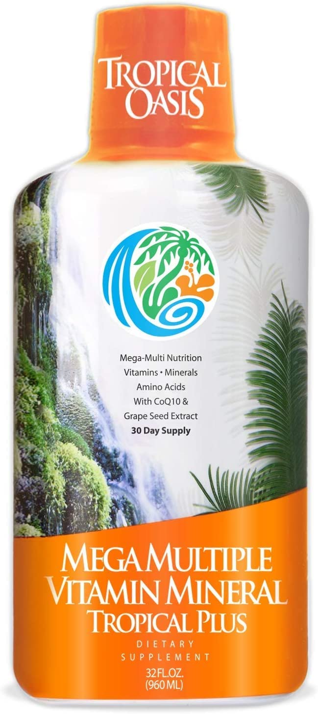 Tropical Oasis frasco frontal mostrando etiqueta y beneficios claros