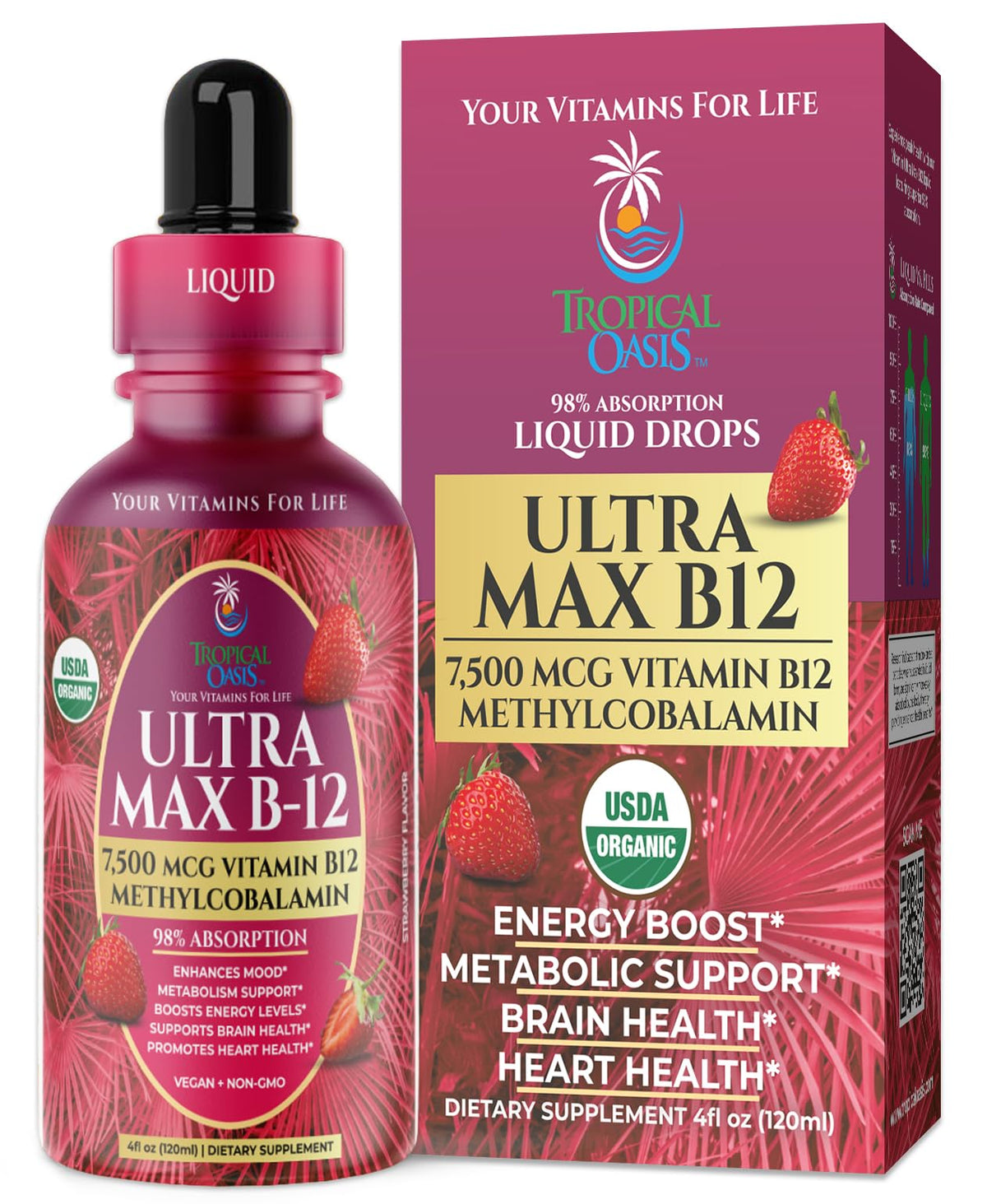 Tropical Oasis frasco frontal mostrando etiqueta clara y beneficio de potencia