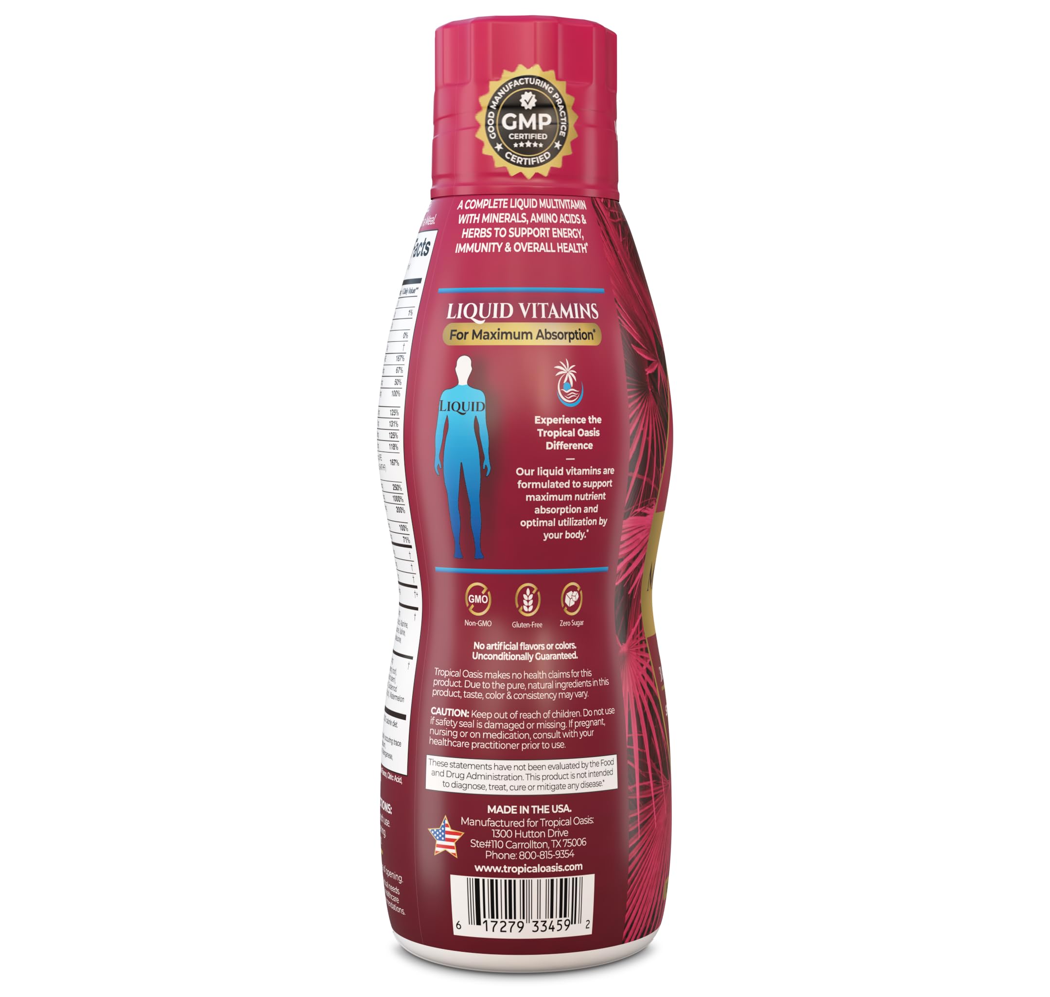 Tropical Oasis vertiendo el multivitamínico en una cuchara para dosificación precisa
