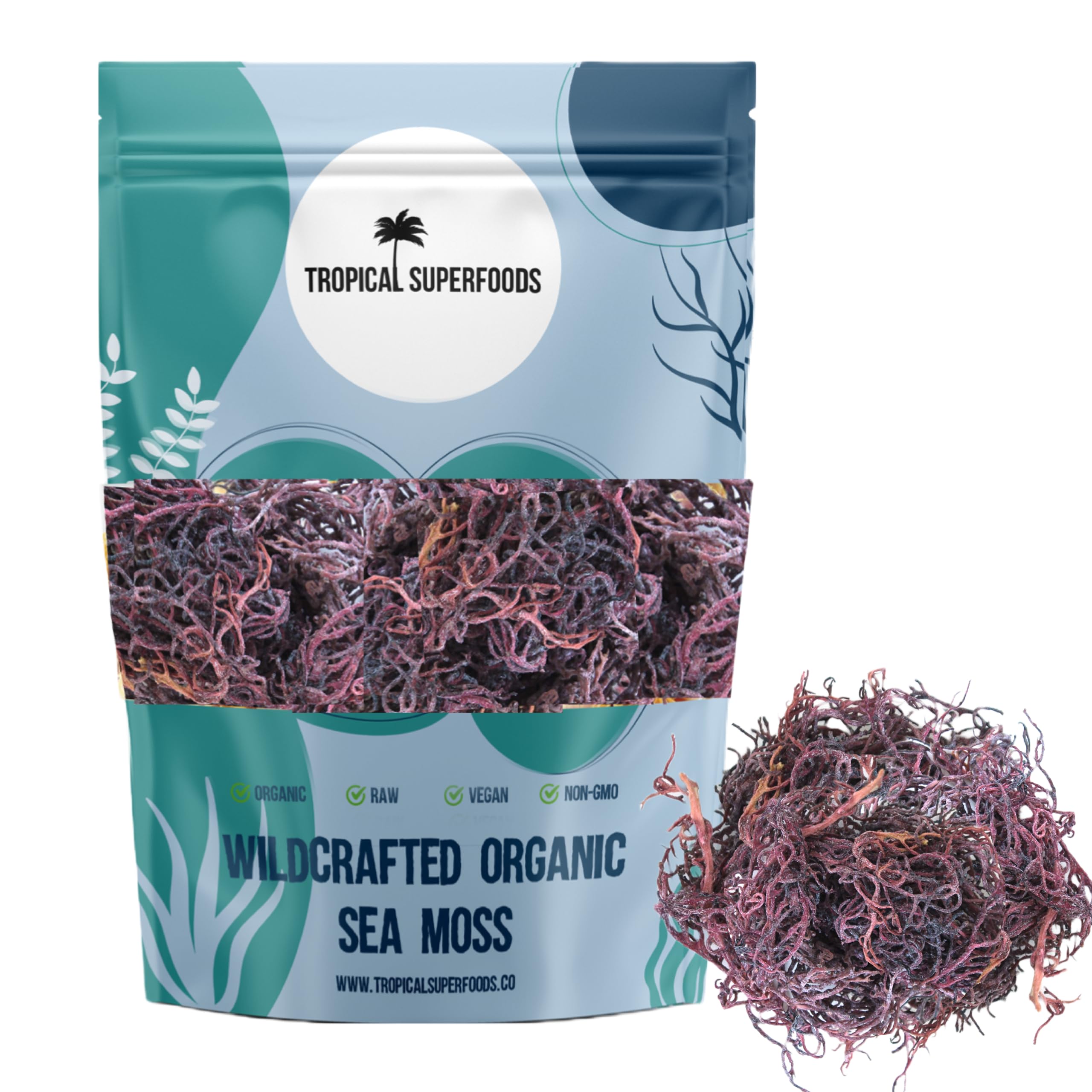 Tropical Superfoods envase frontal mostrando sea moss puro y sin aditivos, confianza