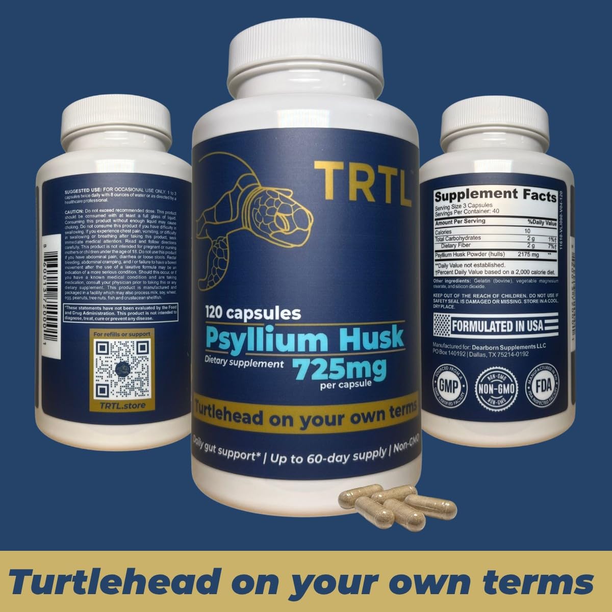 TRTL Supplements persona tomando cápsula con vaso de agua para uso práctico