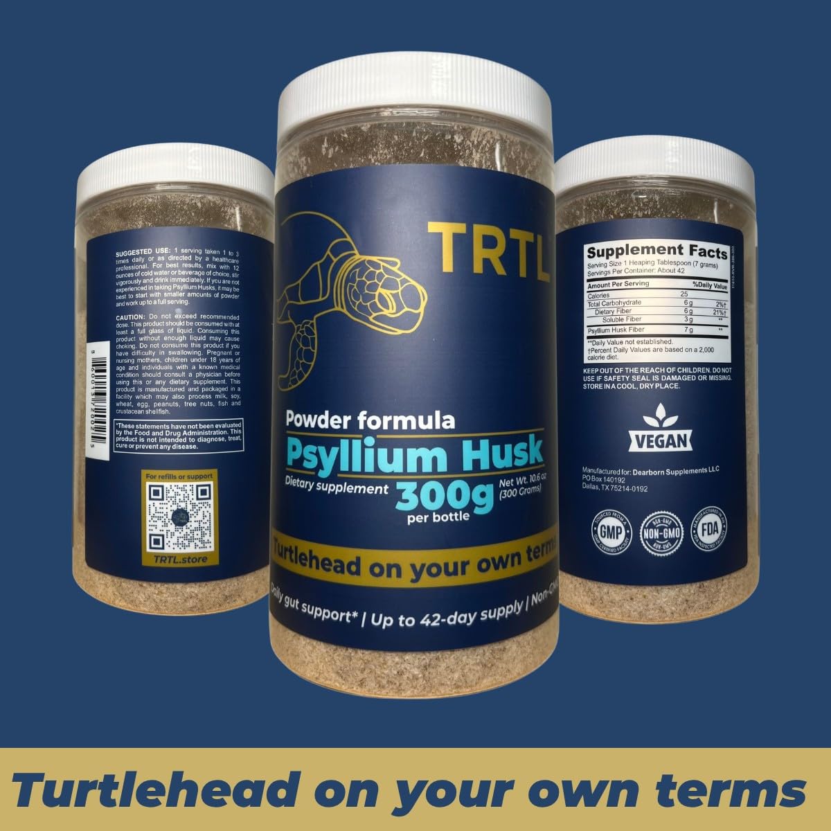 TRTL Supplements cucharada con porción de psyllium mostrando cantidad por servicio