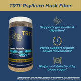 TRTL Supplements primer plano del polvo de psyllium mostrando textura fina y pureza