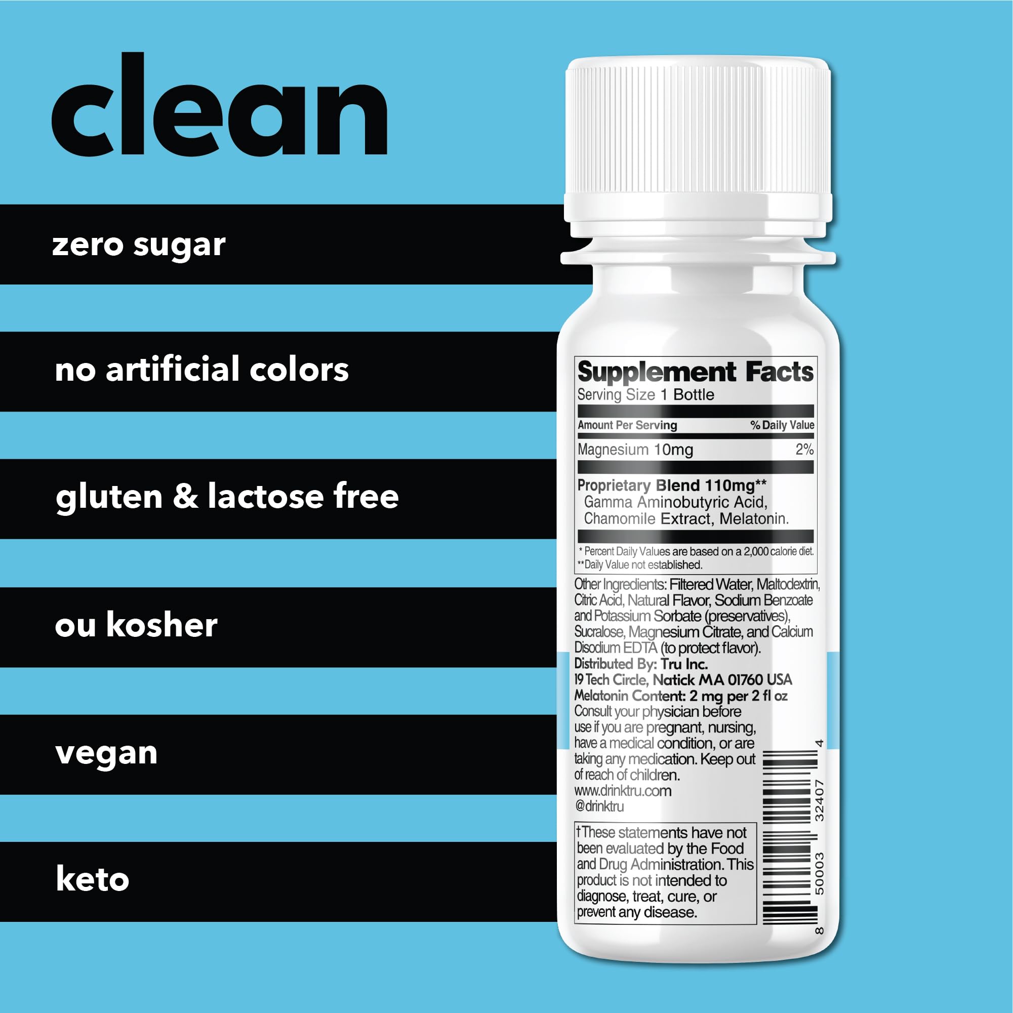Detalle de etiqueta Tru Dream Shot que muestra ingredientes principales y beneficios
