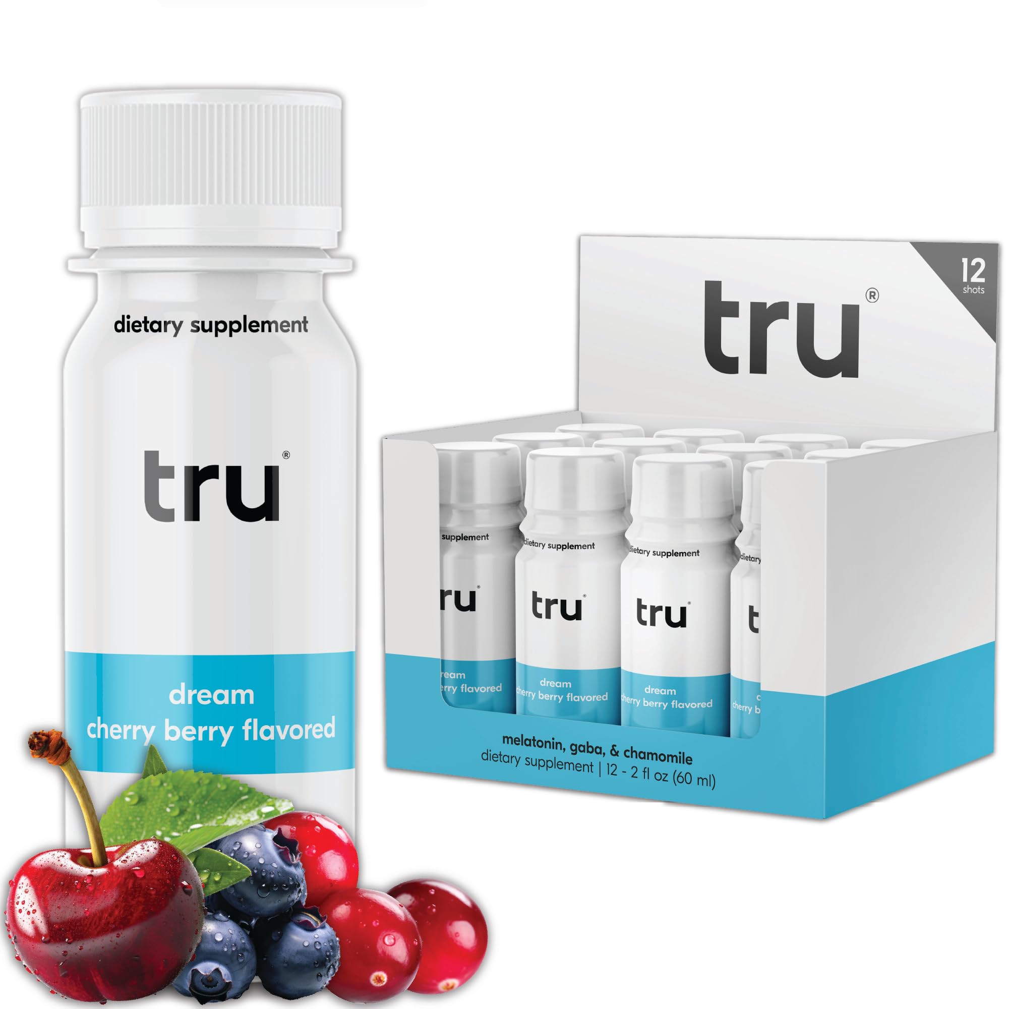 Tru Dream Shot vista frontal con botella y sabor cherry berry, práctico y portátil