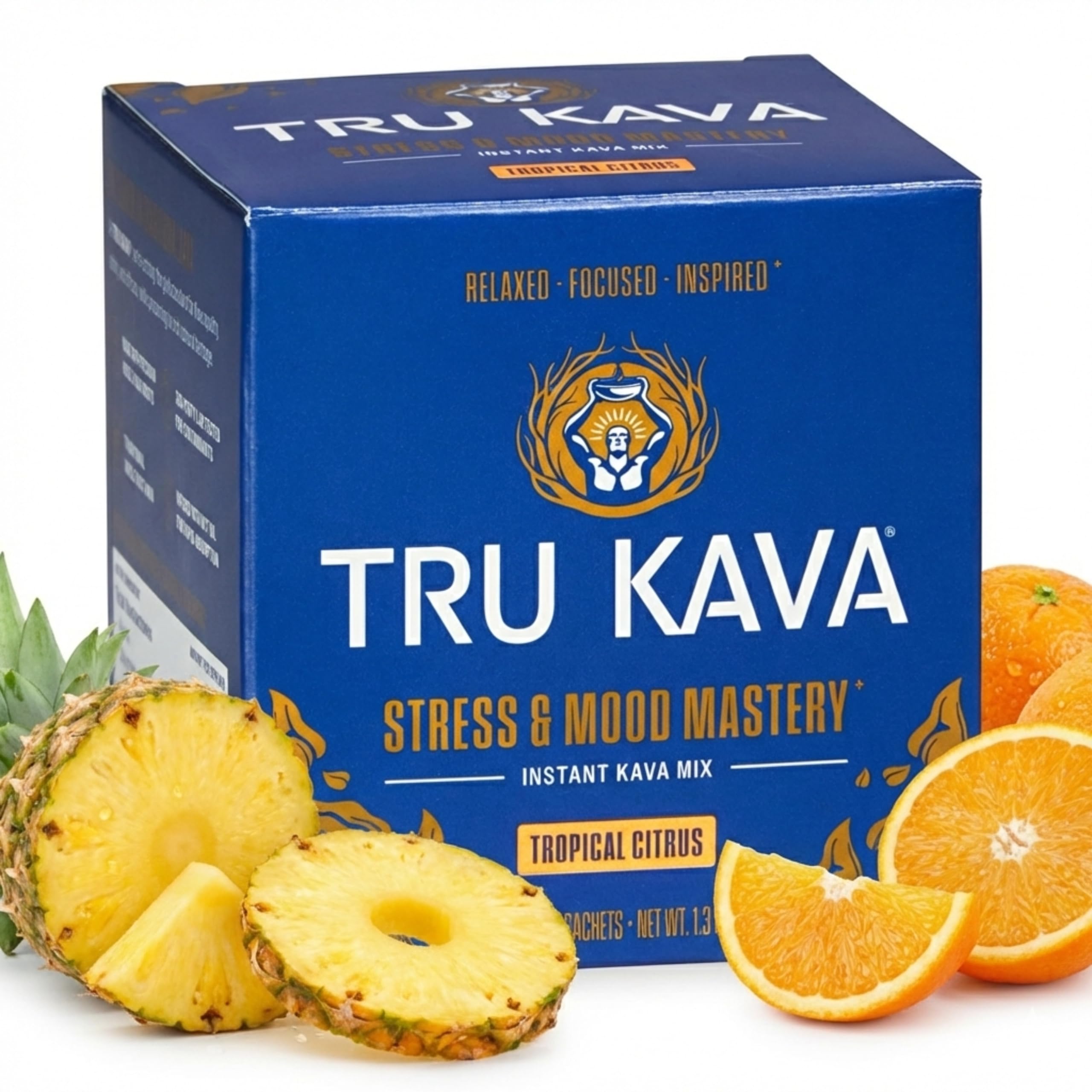 TRU KAVA frente del empaque muestra sachets y beneficios visibles