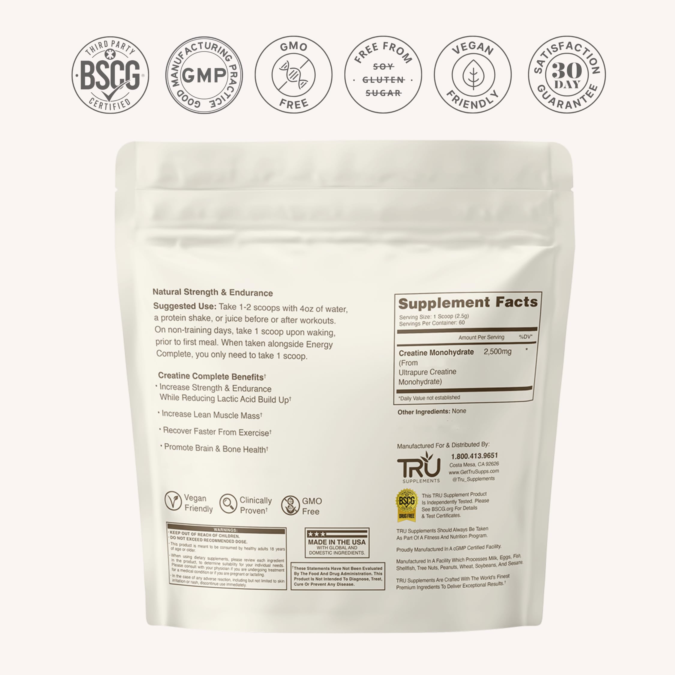 TRU Supplements creatine etiqueta con ingredientes y recomendaciones, transparencia informativa
