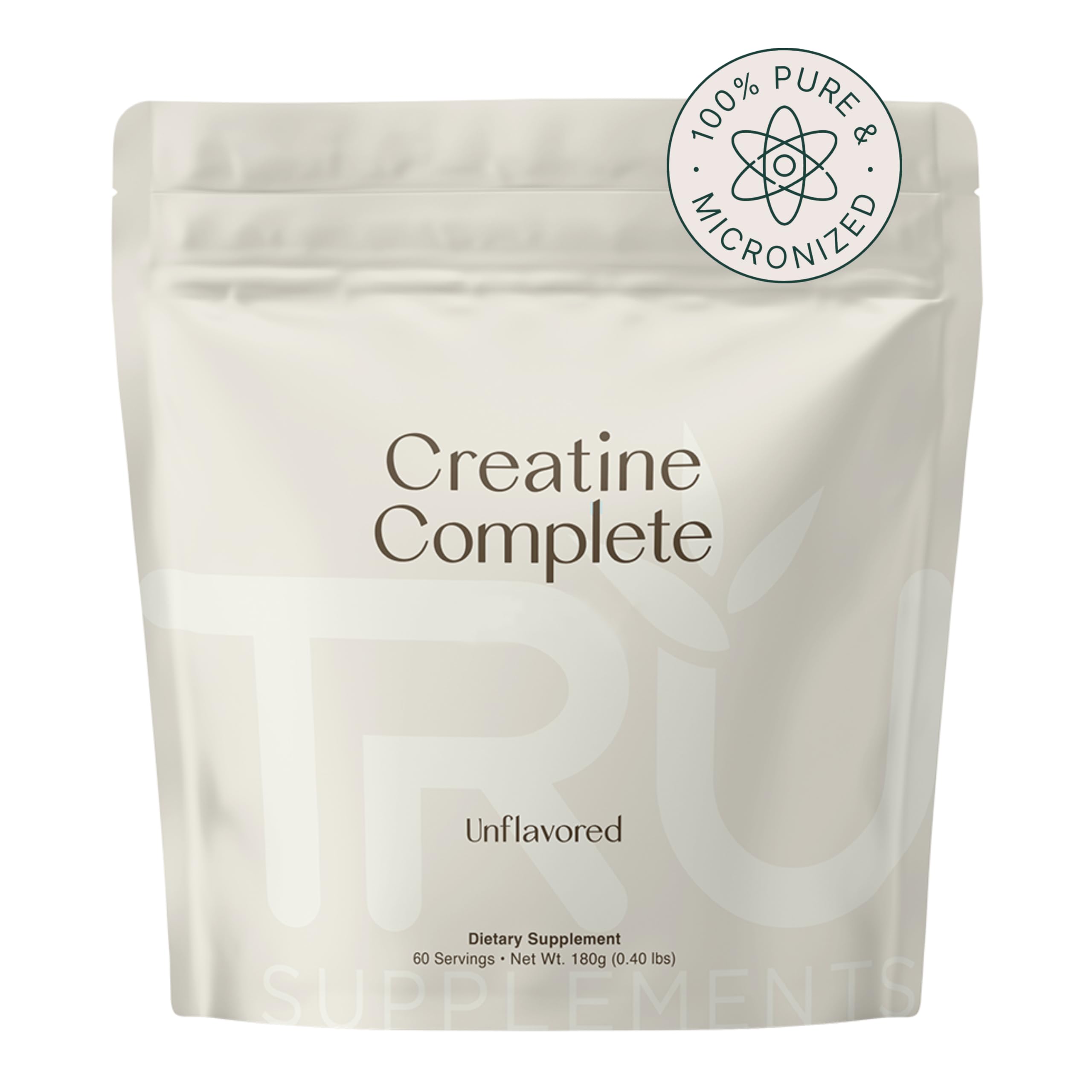 TRU Supplements creatine vista frontal del envase, claridad de marca y confianza