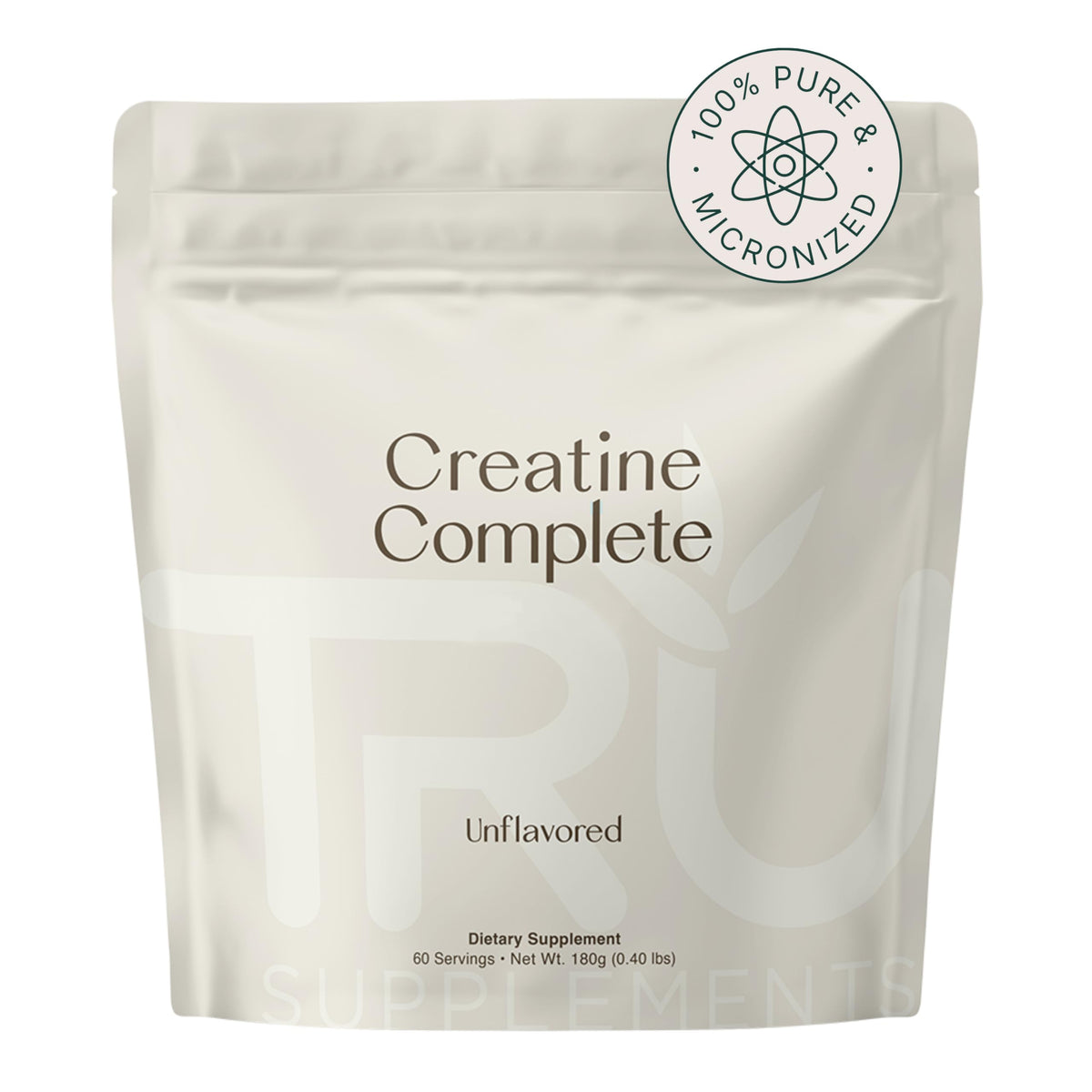 TRU Supplements creatine vista frontal del envase, claridad de marca y confianza