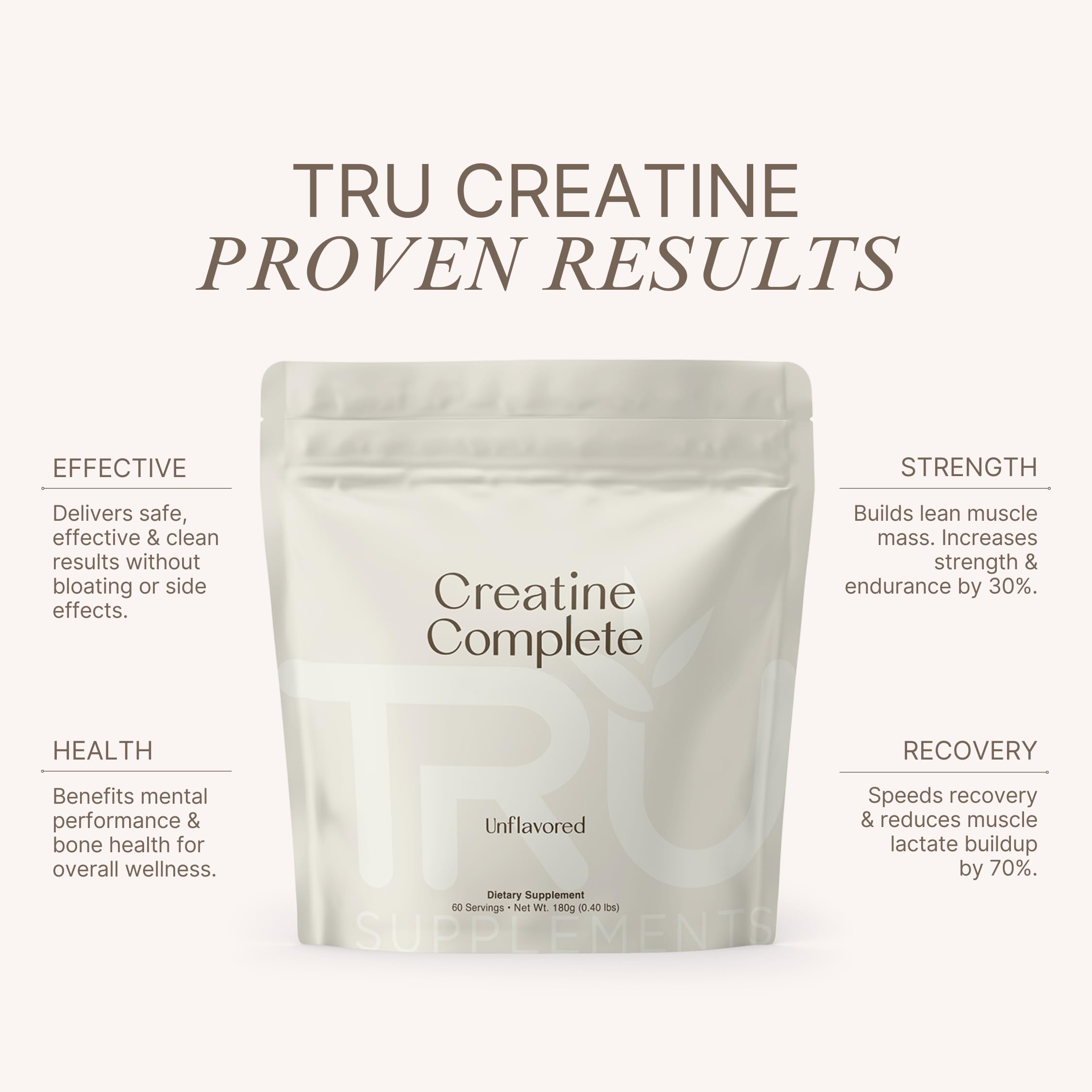 TRU Supplements creatine primer plano del polvo micronizado, textura fina para mejor disolución
