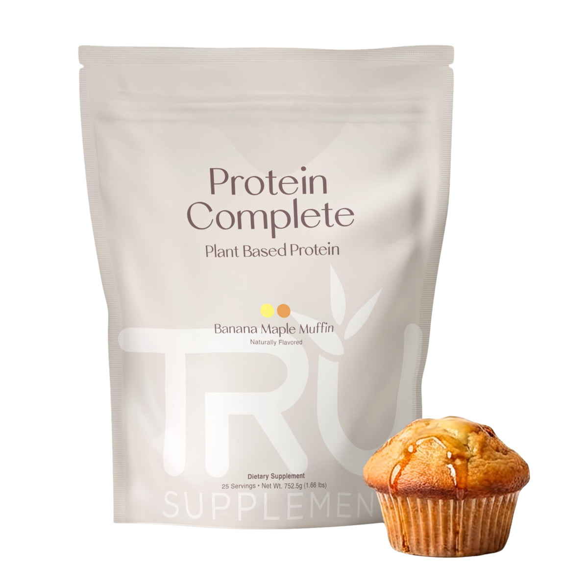 TRU Supplements envase frontal mostrando sabor Banana Maple Muffin y etiquetado claro