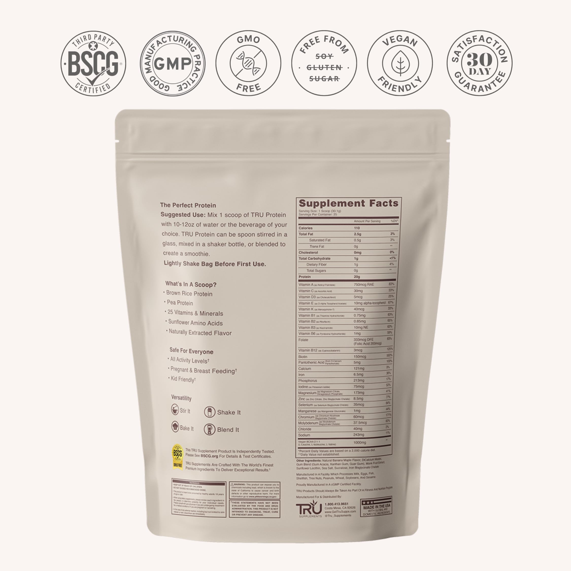 TRU Supplements cucharada con porción para servir 20 g de proteína por ración