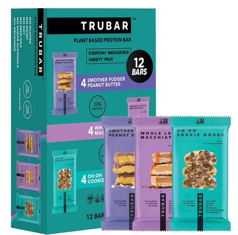 TRUBAR empaque frontal mostrando los tres sabores y beneficios veganos