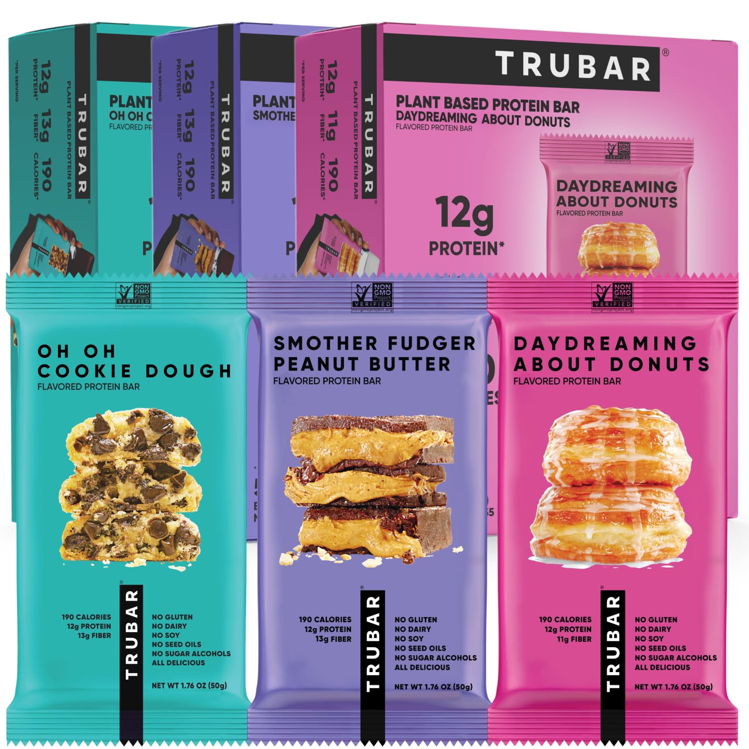 TRUBAR pack frontal mostrando las 15 barras y variedad de sabores