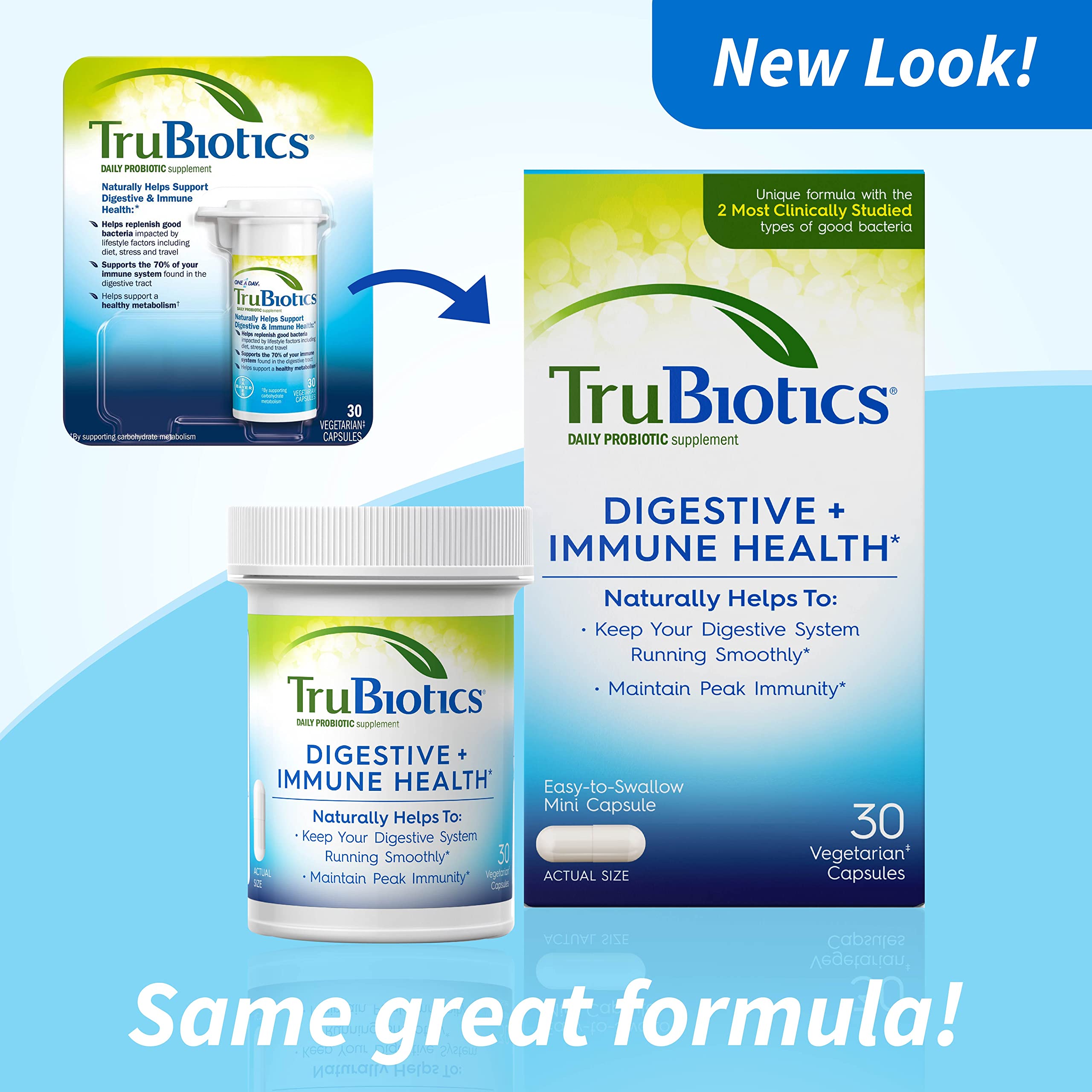 TruBiotics cápsula en primer plano que muestra textura y facilidad de ingestión