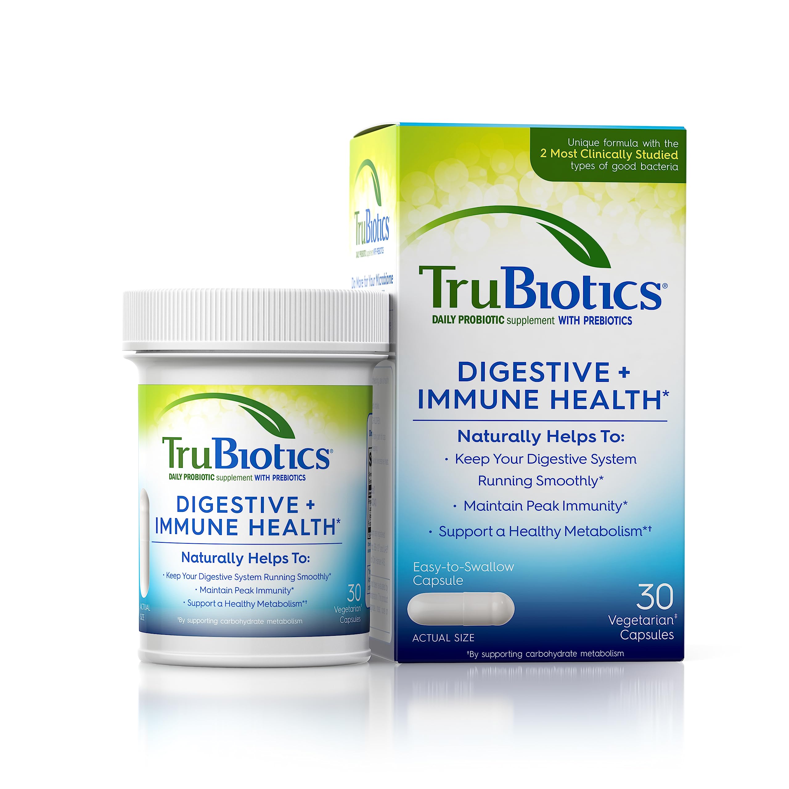 TruBiotics frente del empaque mostrando diseño y beneficios principales
