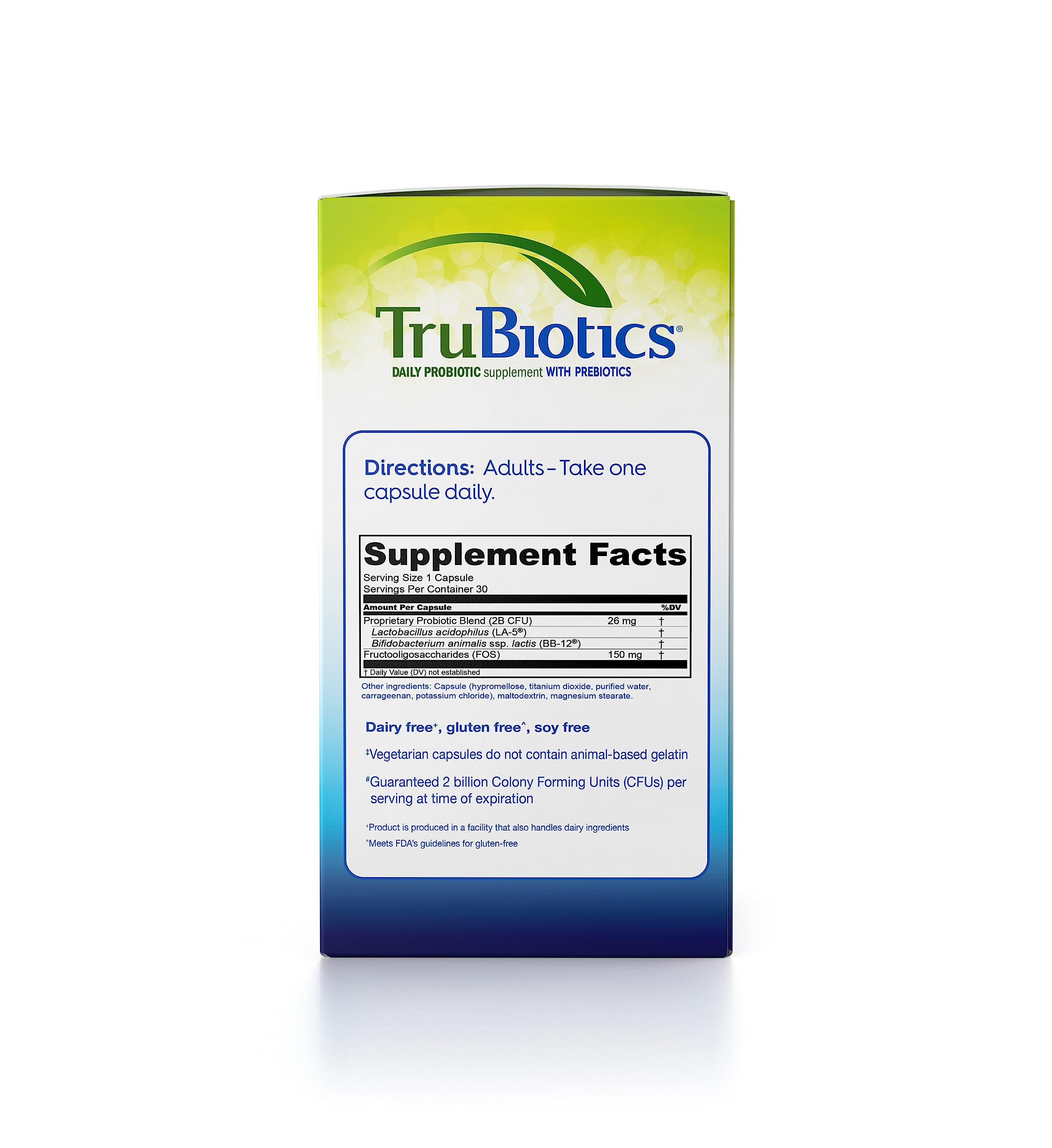 TruBiotics etiqueta de ingredientes resaltando prebióticos y cepas clínicamente estudiadas