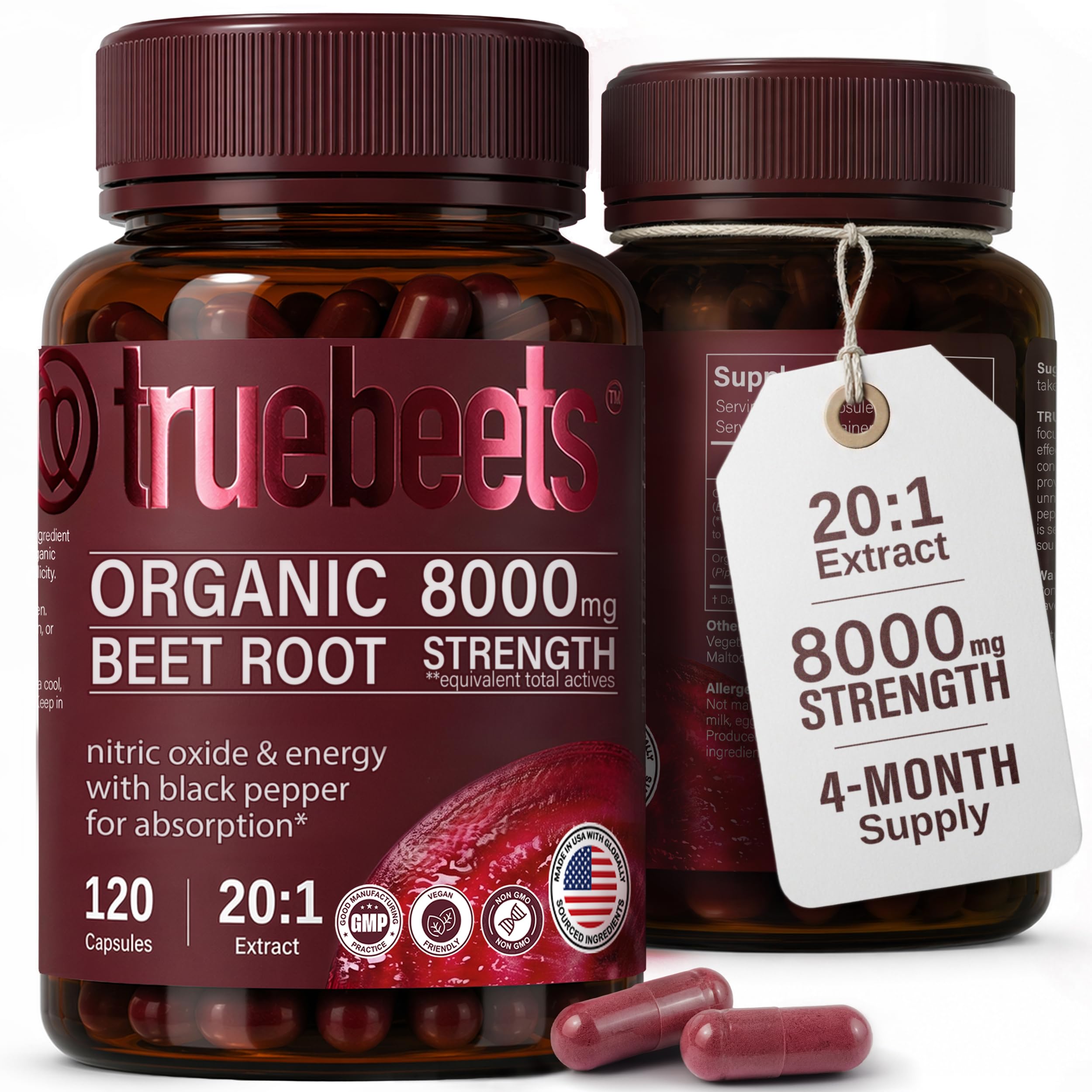 TRUE BEETS envase frontal mostrando 120 cápsulas y diseño claro