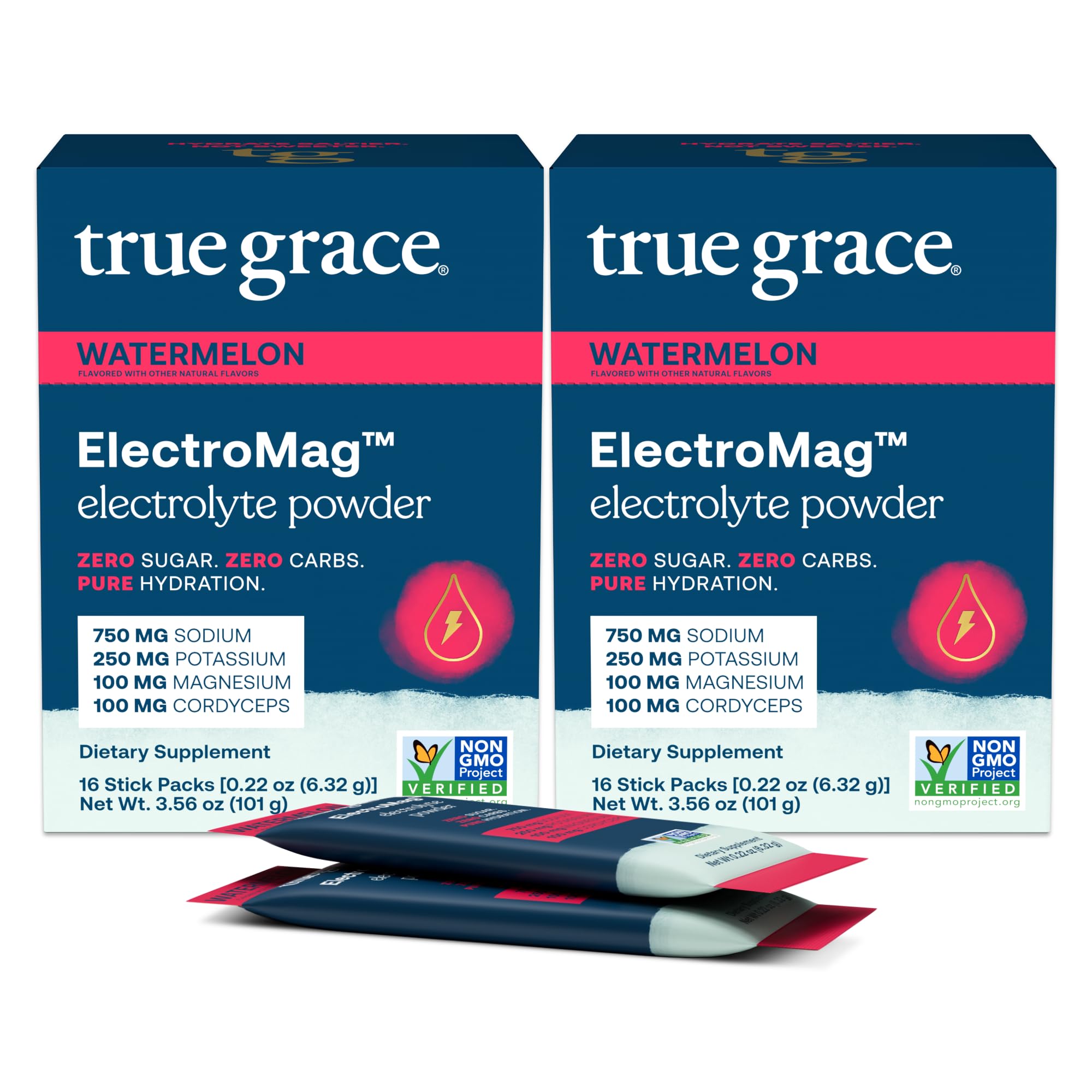 True Grace empaque frontal y sticks, conveniencia para hidratación rápida