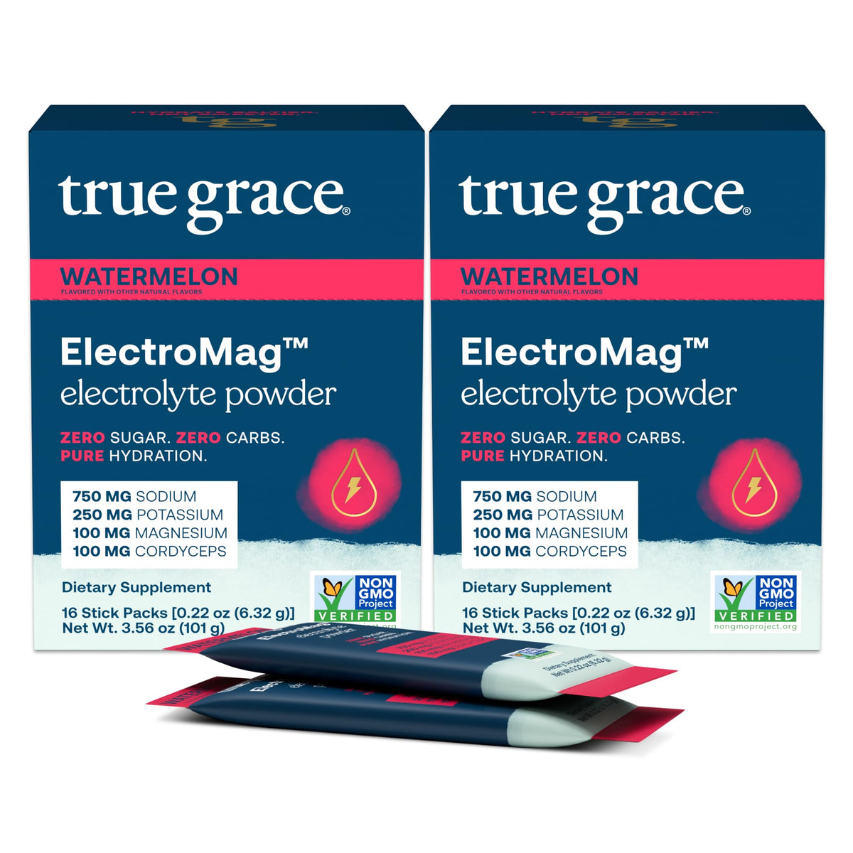 True Grace empaque frontal y sticks, conveniencia para hidratación rápida