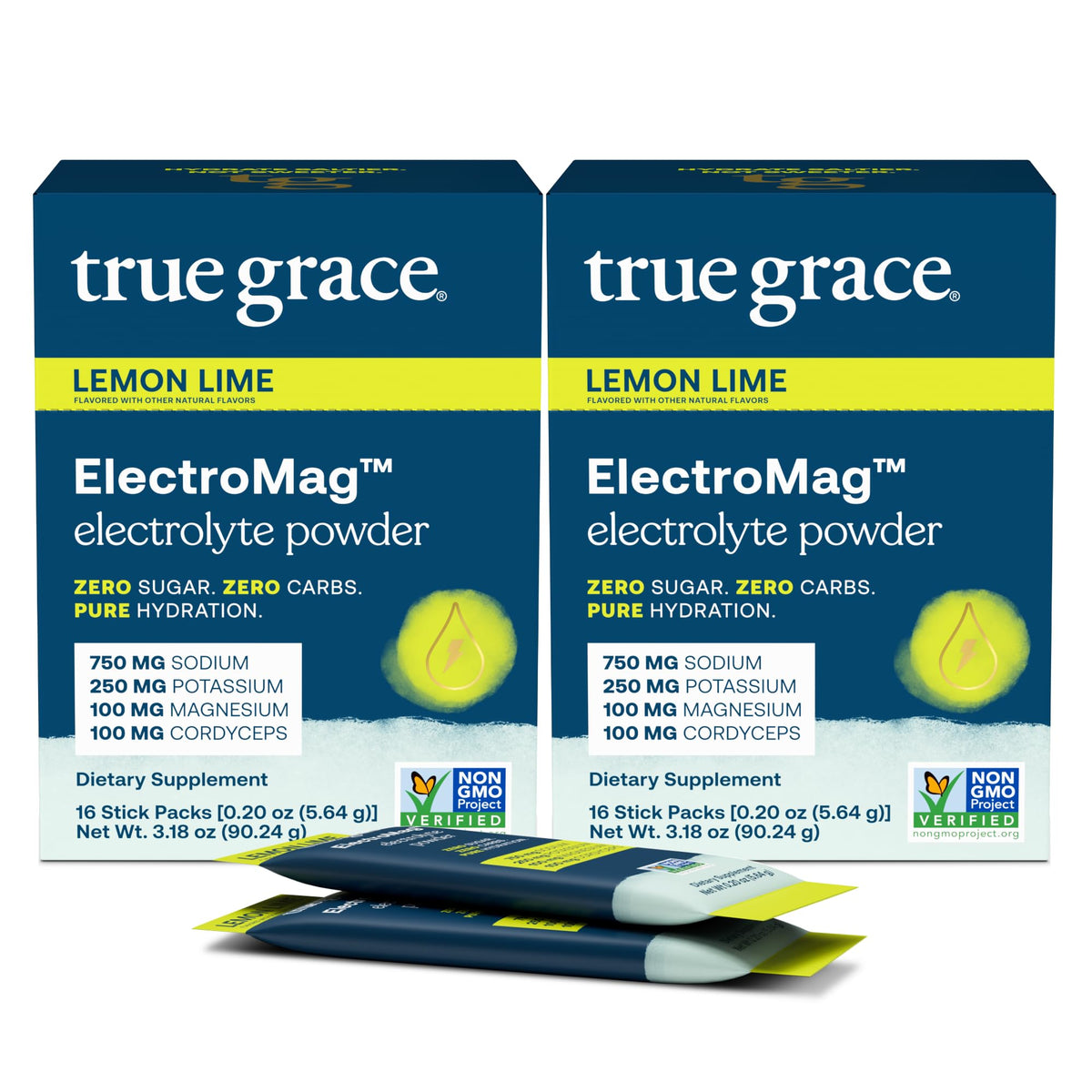 True Grace frente del paquete mostrando sticks y beneficios de hidratación