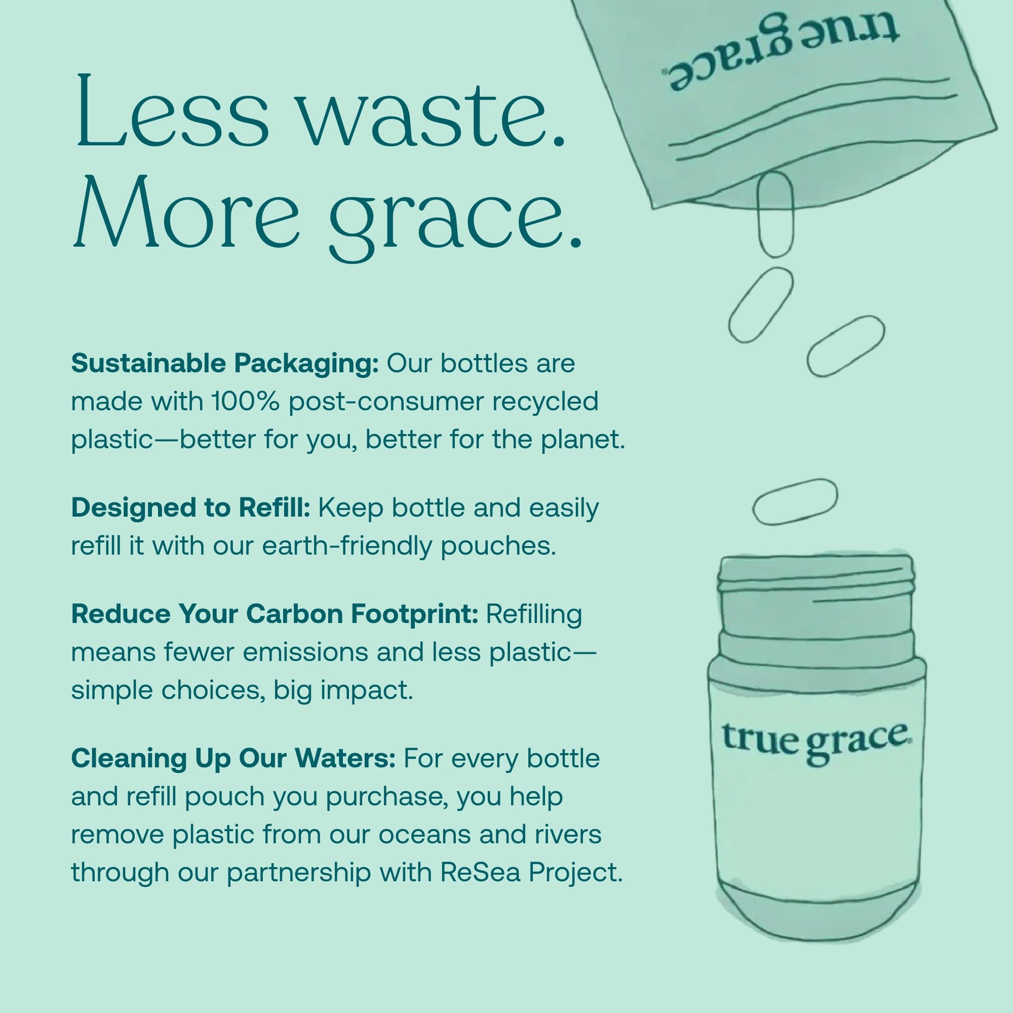 True Grace envase reutilizable hecho con plástico reciclado, beneficio ambiental
